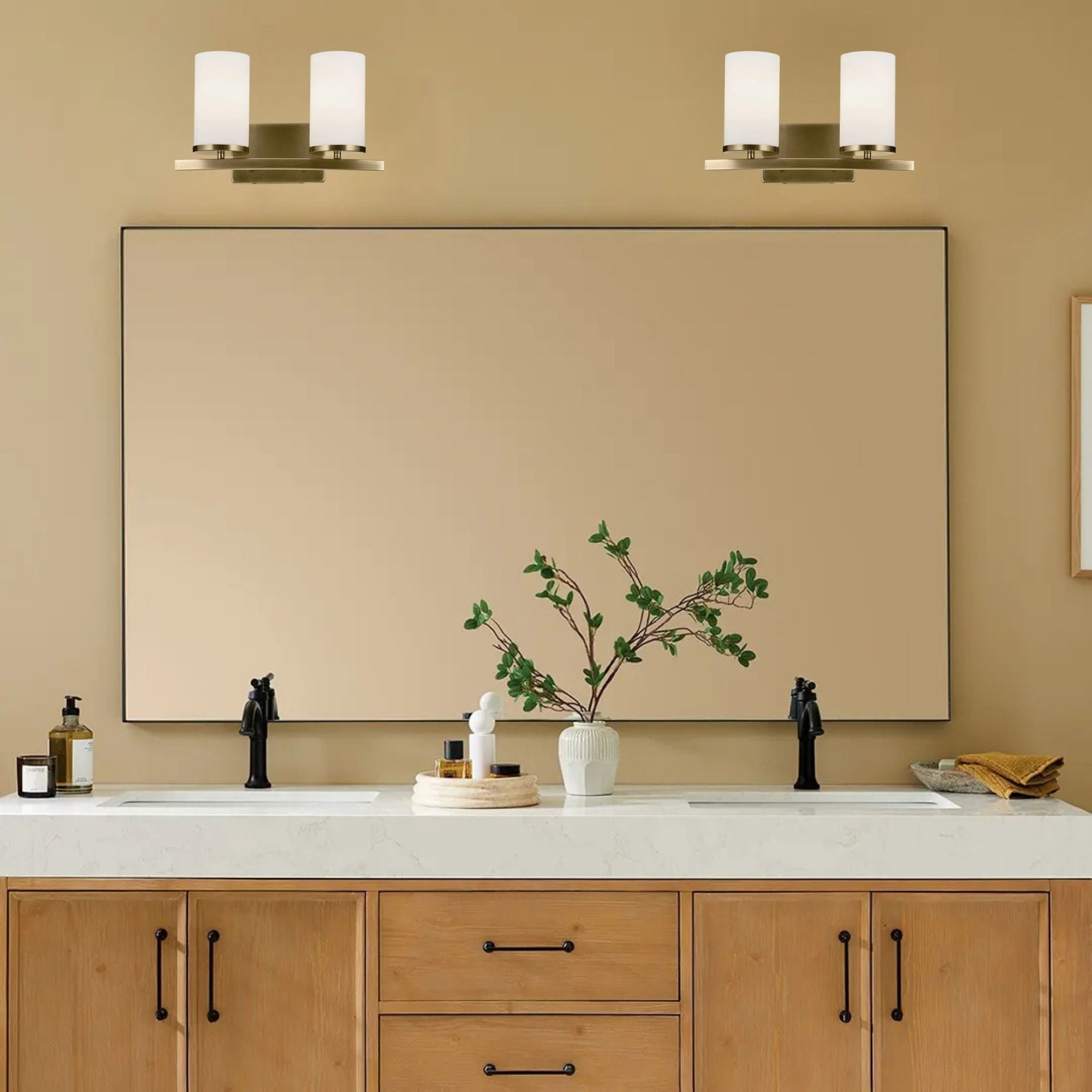 Crosby 15" 2-Light Bath Vanity Light, Natural Brass Finish, Etched Glass