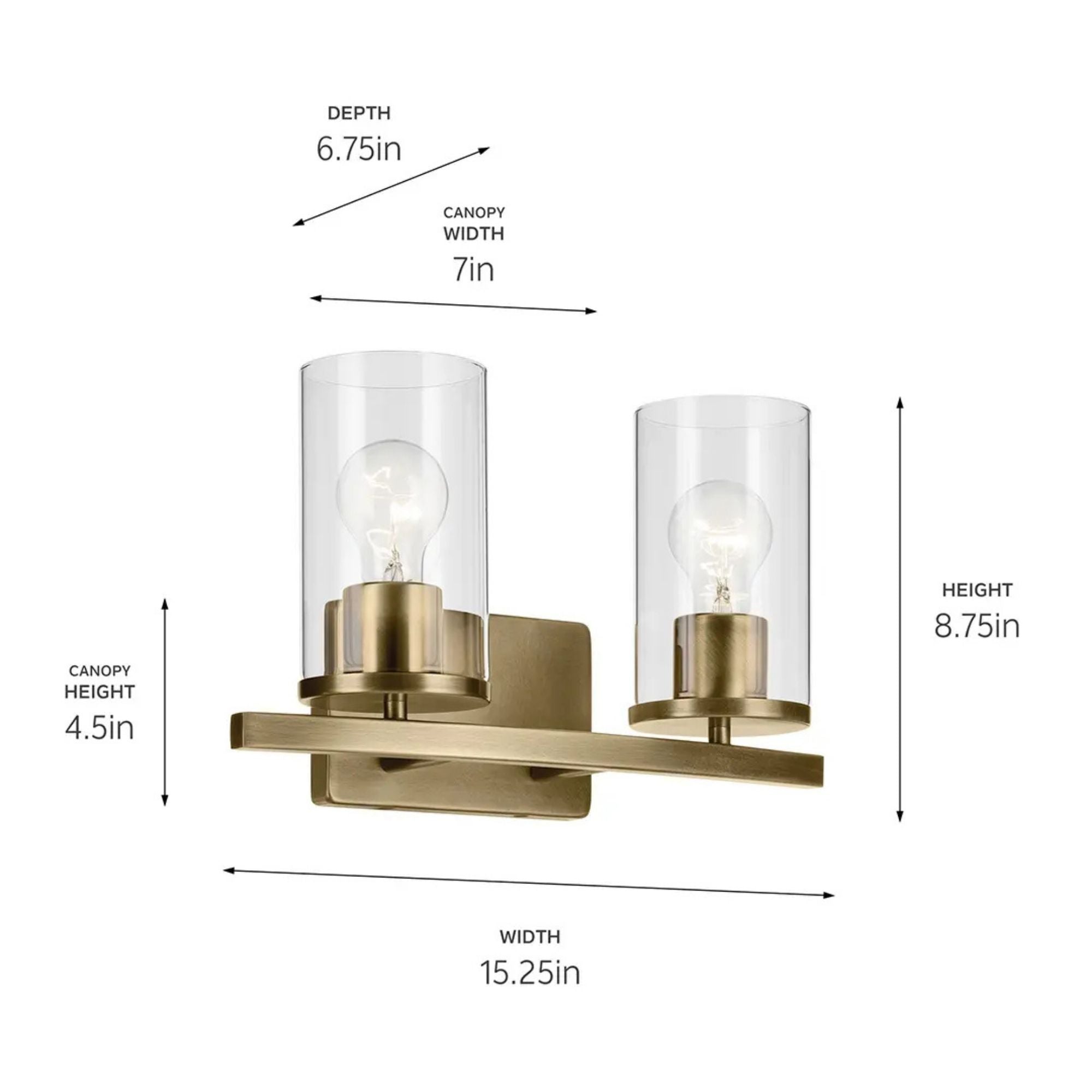 Crosby 15" 2-Light Bath Vanity Light, Natural Brass Finish, Clear Glass