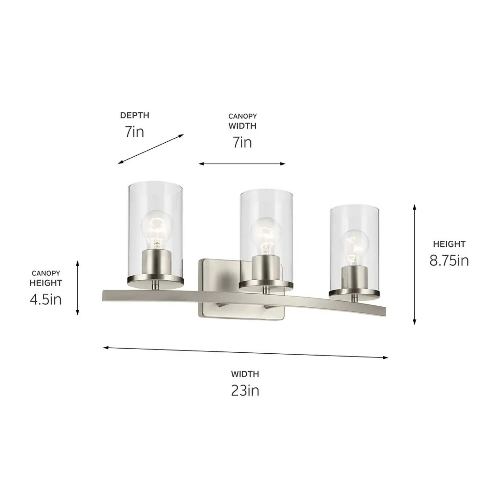 Crosby 23" 3-Light Bath Vanity Light, Brushed Nickel Finish, Clear Glass