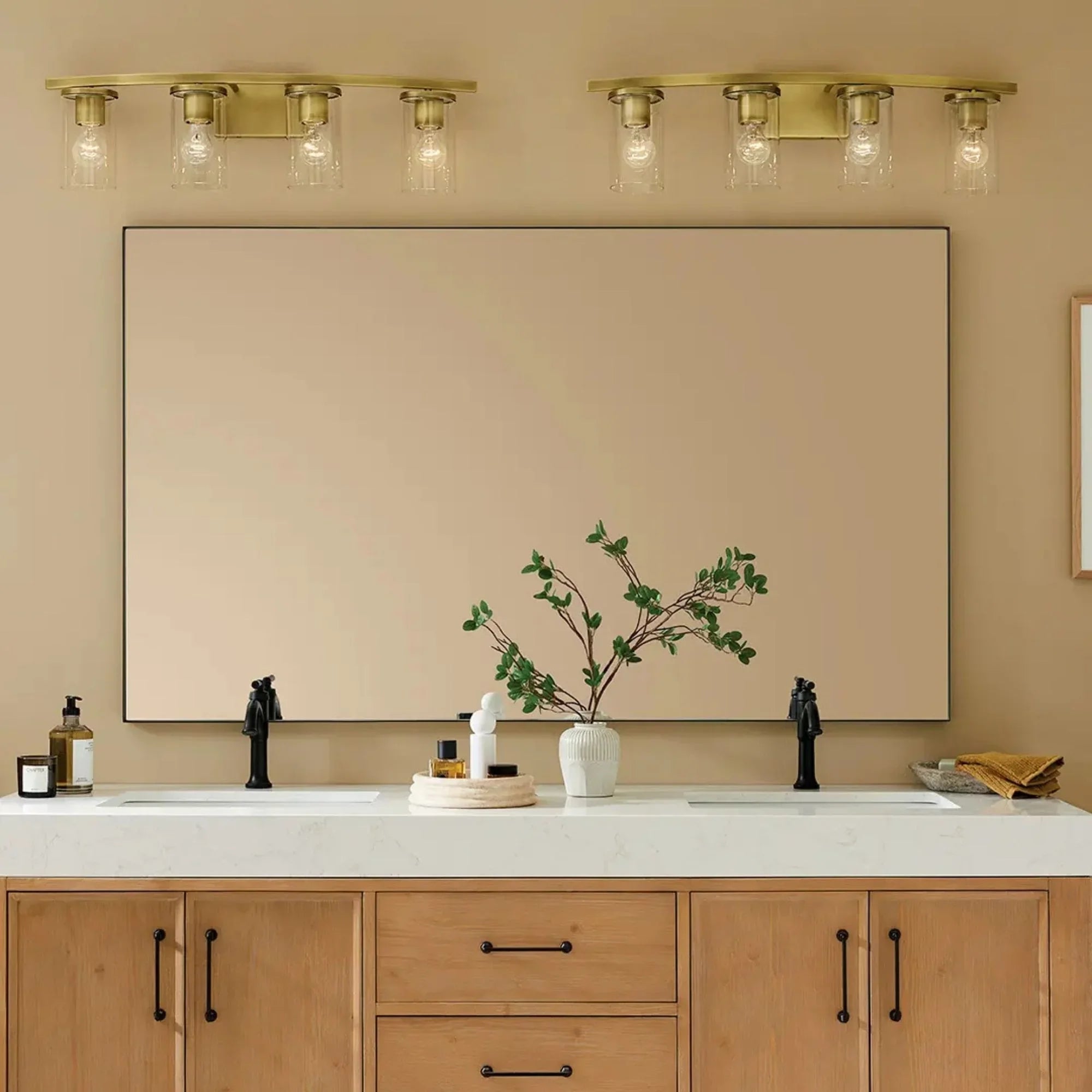 Crosby 31" 4-Light Bath Vanity Light, Natural Brass Finish, Clear Glass - Bees Lighting