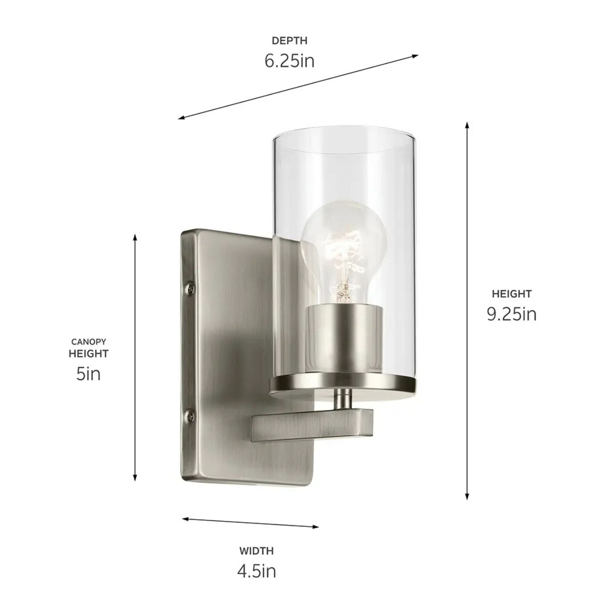 Crosby 5" Wall Sconce, Brushed Nickel Finish, Clear Glass