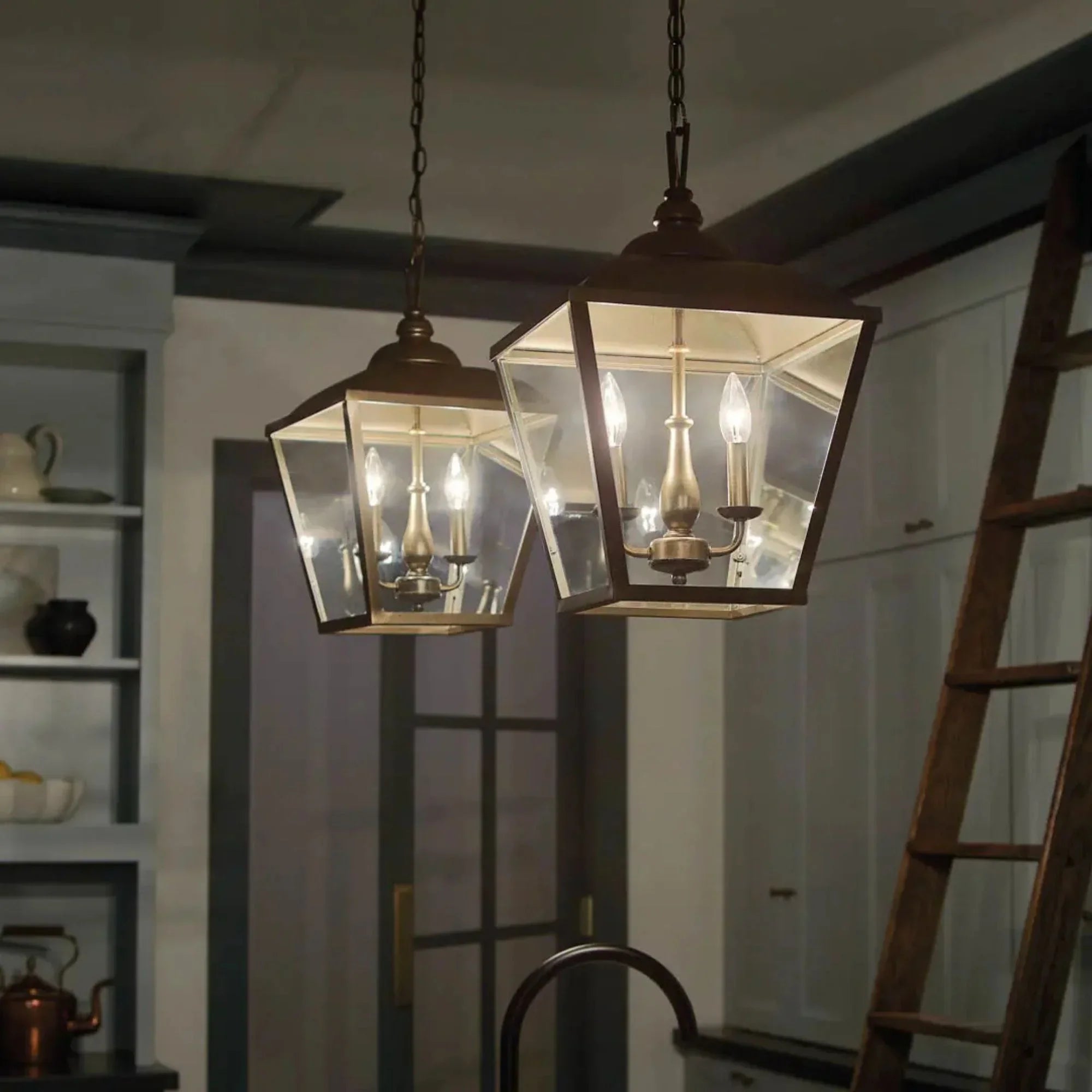 Kichler Dame 19.5 in. 2-Light Pendant, Character Bronze with Glass Frame