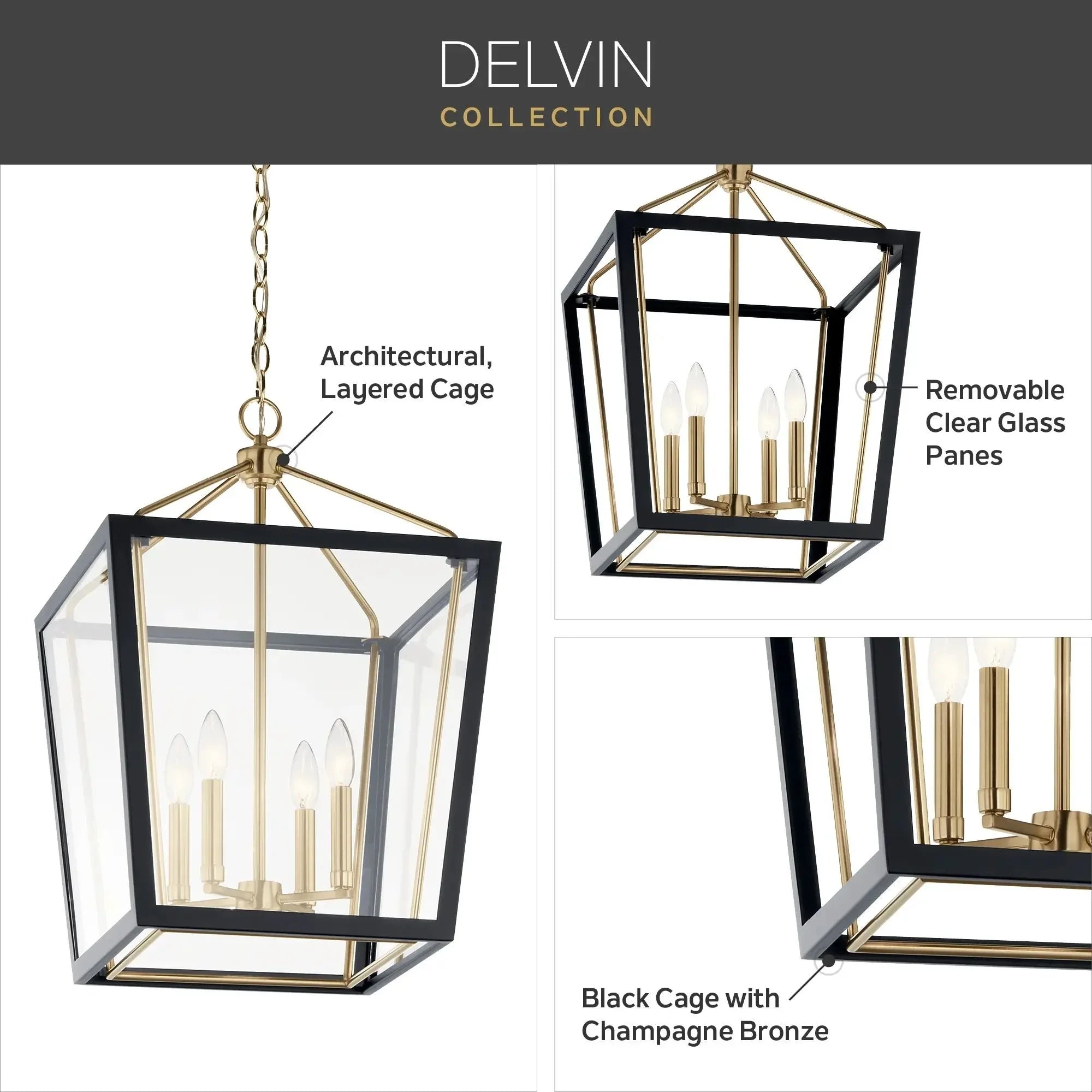 Kichler Delvin 24 in. 4-Light Pendant, Champagne Bronze & Black