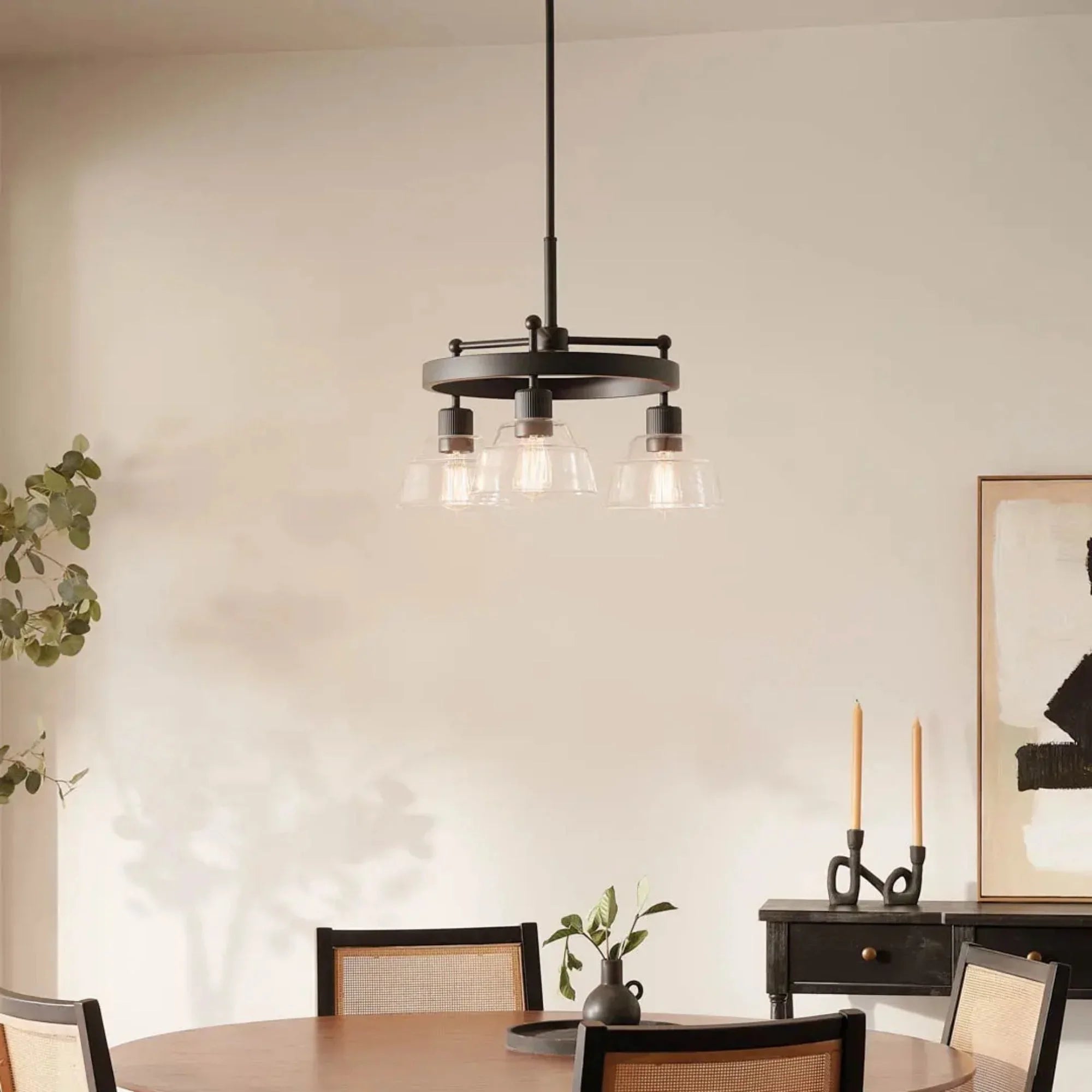 Kichler Eastmont 23.25 in. 3-Light Chandelier, Black & Walnut Wood with Clear Glass