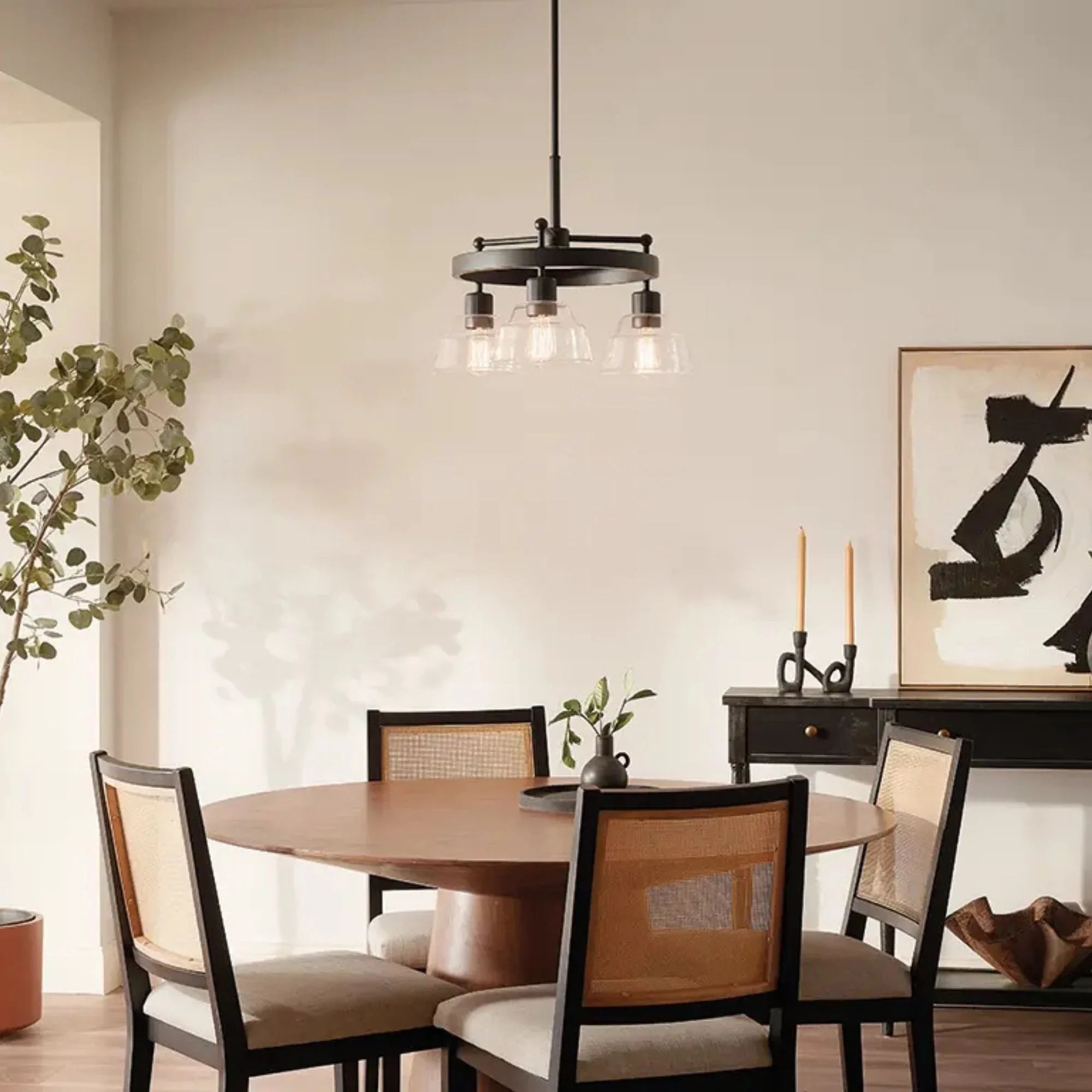Kichler Eastmont 23.25 in. 3-Light Chandelier, Black & Walnut Wood with Clear Glass