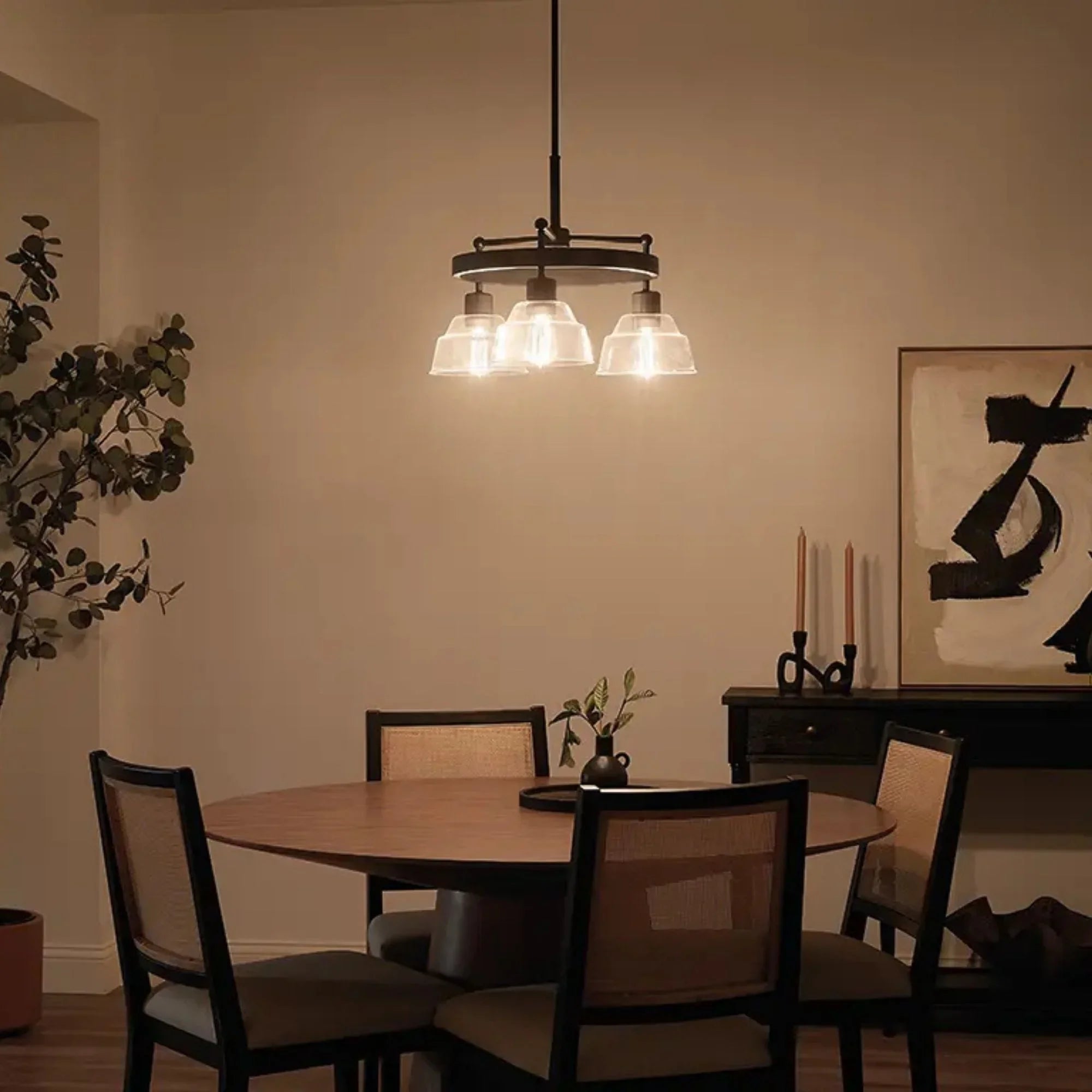 Kichler Eastmont 23.25 in. 3-Light Chandelier, Black & Walnut Wood with Clear Glass