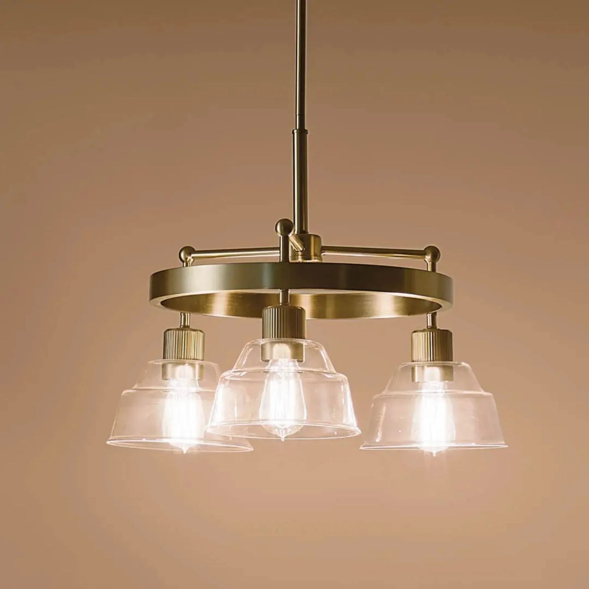 Kichler Eastmont 17.25 in. 3-Light Chandelier, Brushed Natural Brass & Walnut Wood, Clear Glass