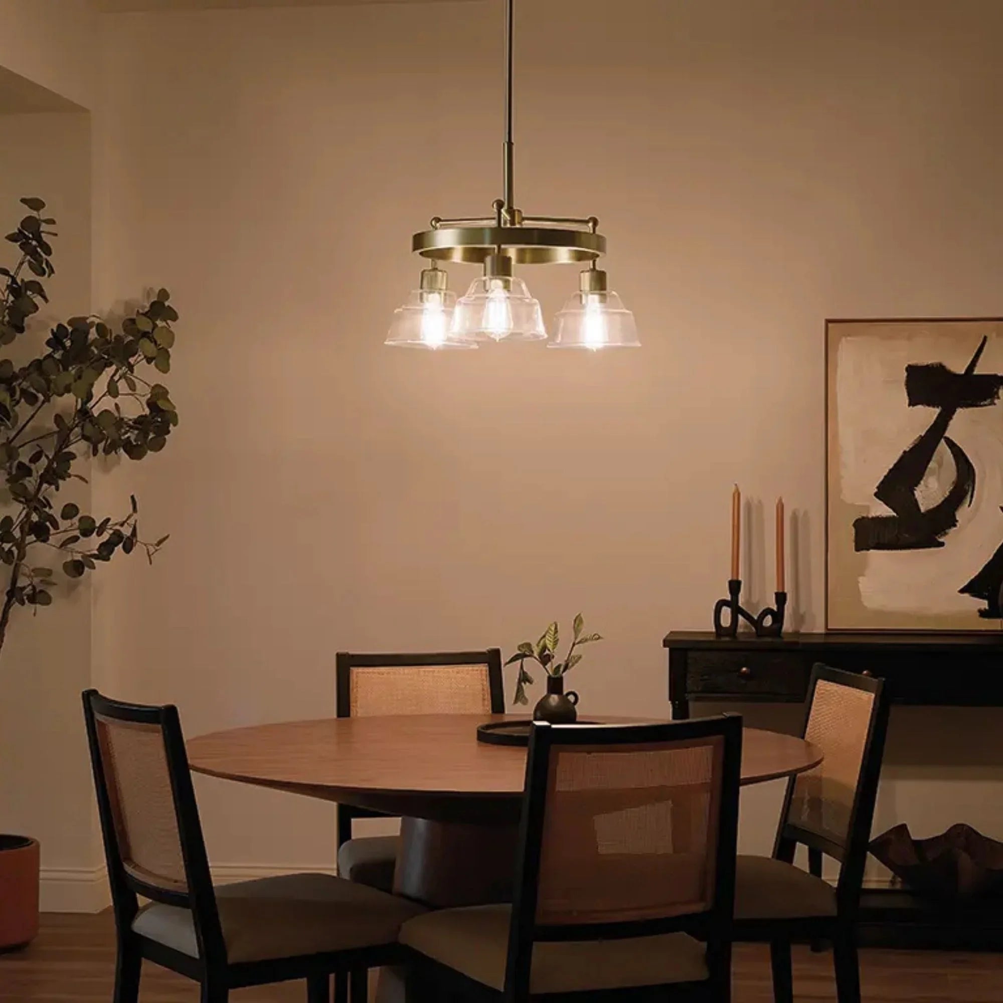 Kichler Eastmont 17.25 in. 3-Light Chandelier, Brushed Natural Brass & Walnut Wood, Clear Glass