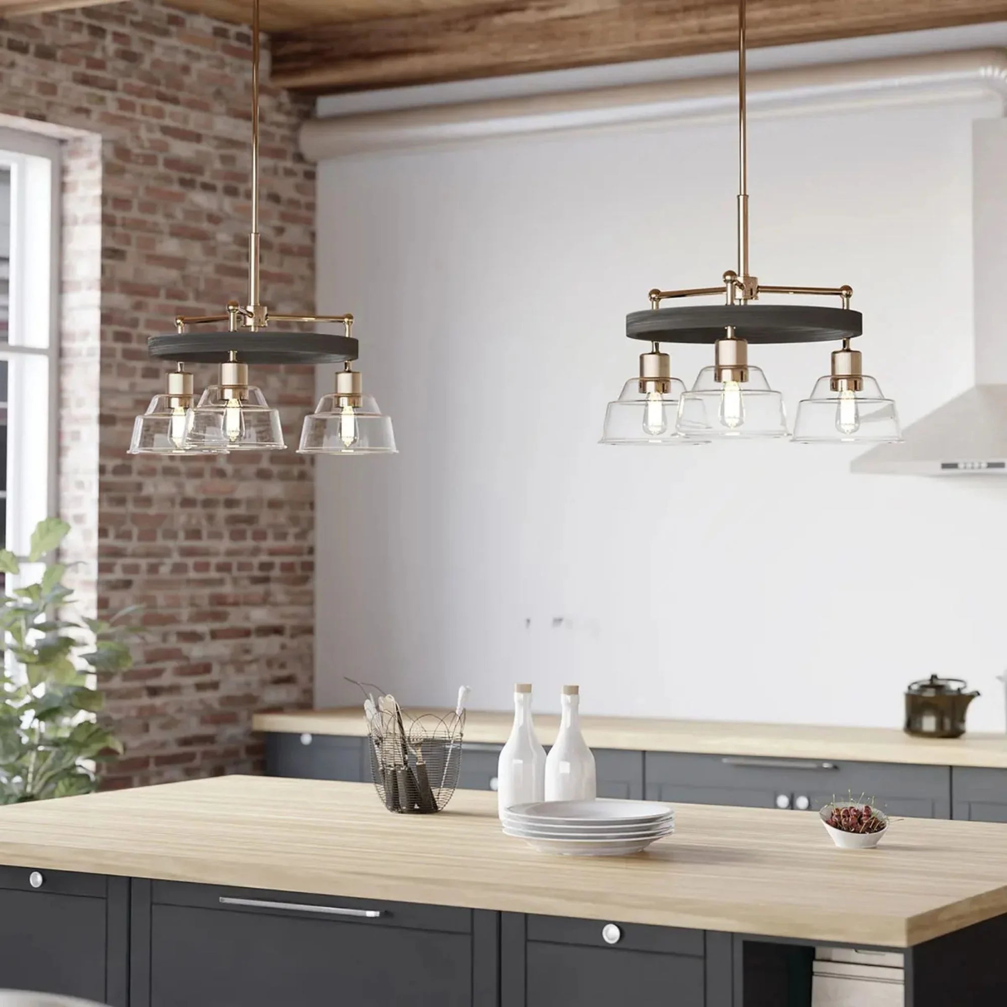 Kichler Eastmont 23 in. 3-Light Chandelier, Polished Nickel & Walnut Wood with Clear Glass