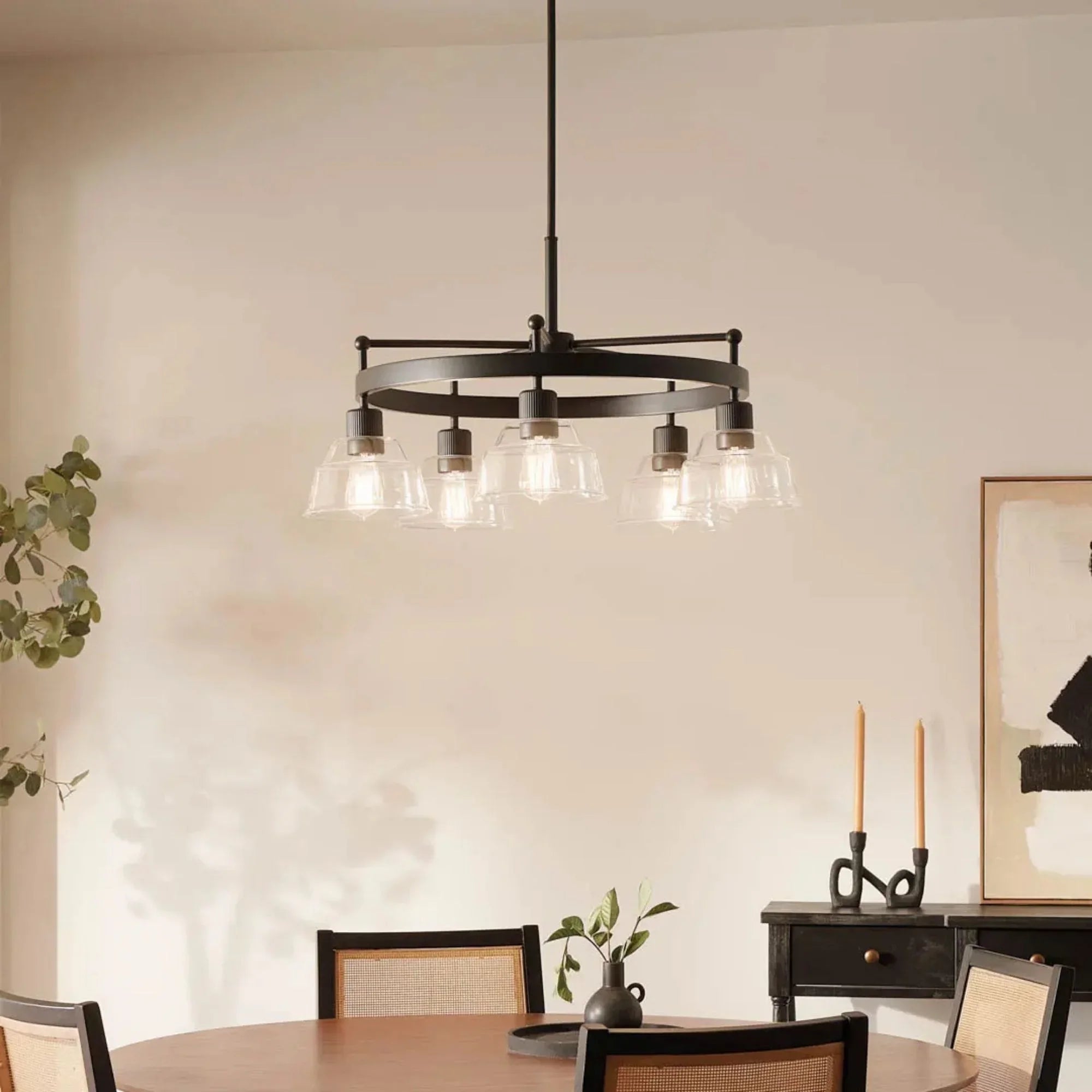 Kichler Eastmont 31.5 in. 5-Light Chandelier, Black & Walnut Wood with Clear Glass