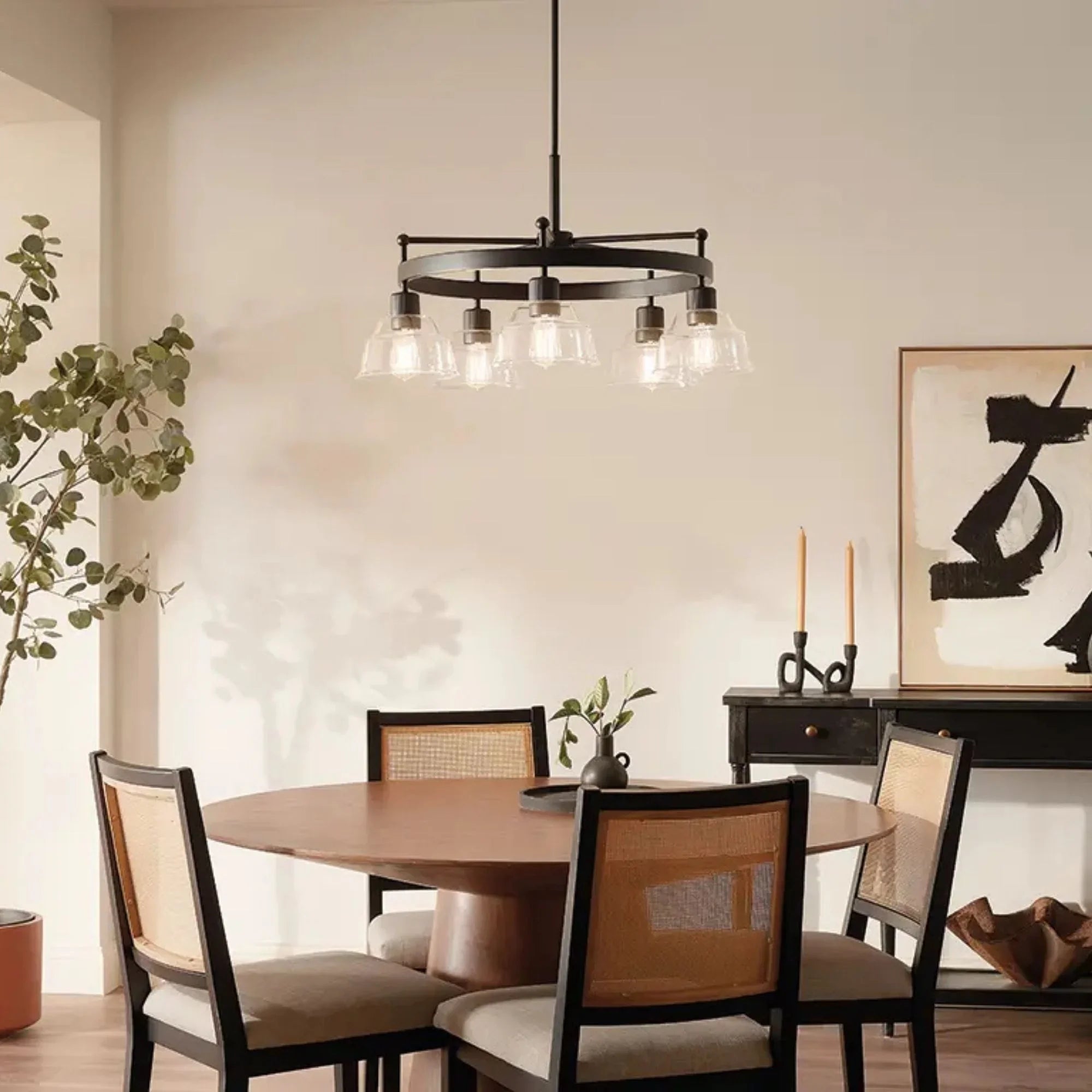 Kichler Eastmont 31.5 in. 5-Light Chandelier, Black & Walnut Wood with Clear Glass