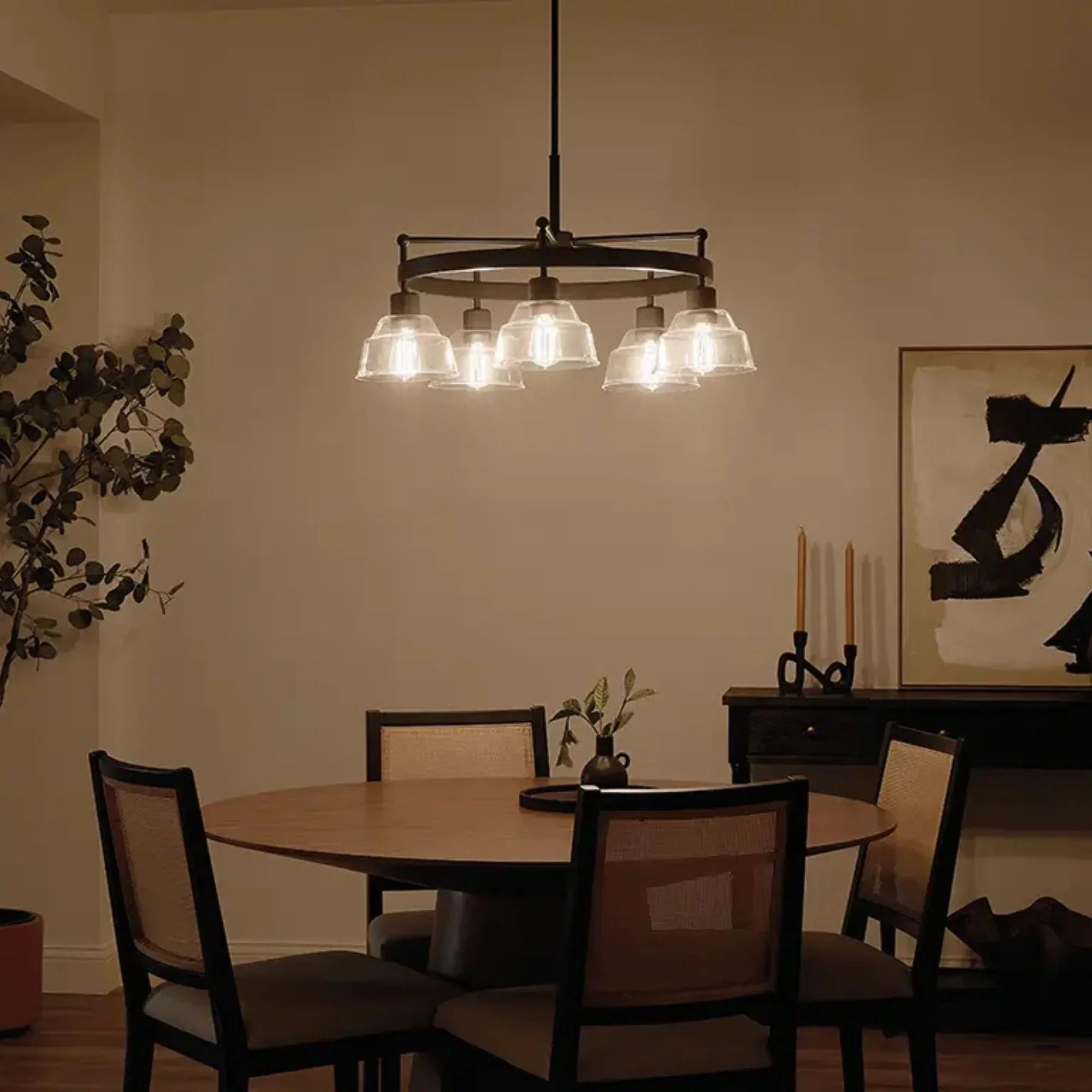 Kichler Eastmont 31.5 in. 5-Light Chandelier, Black & Walnut Wood with Clear Glass