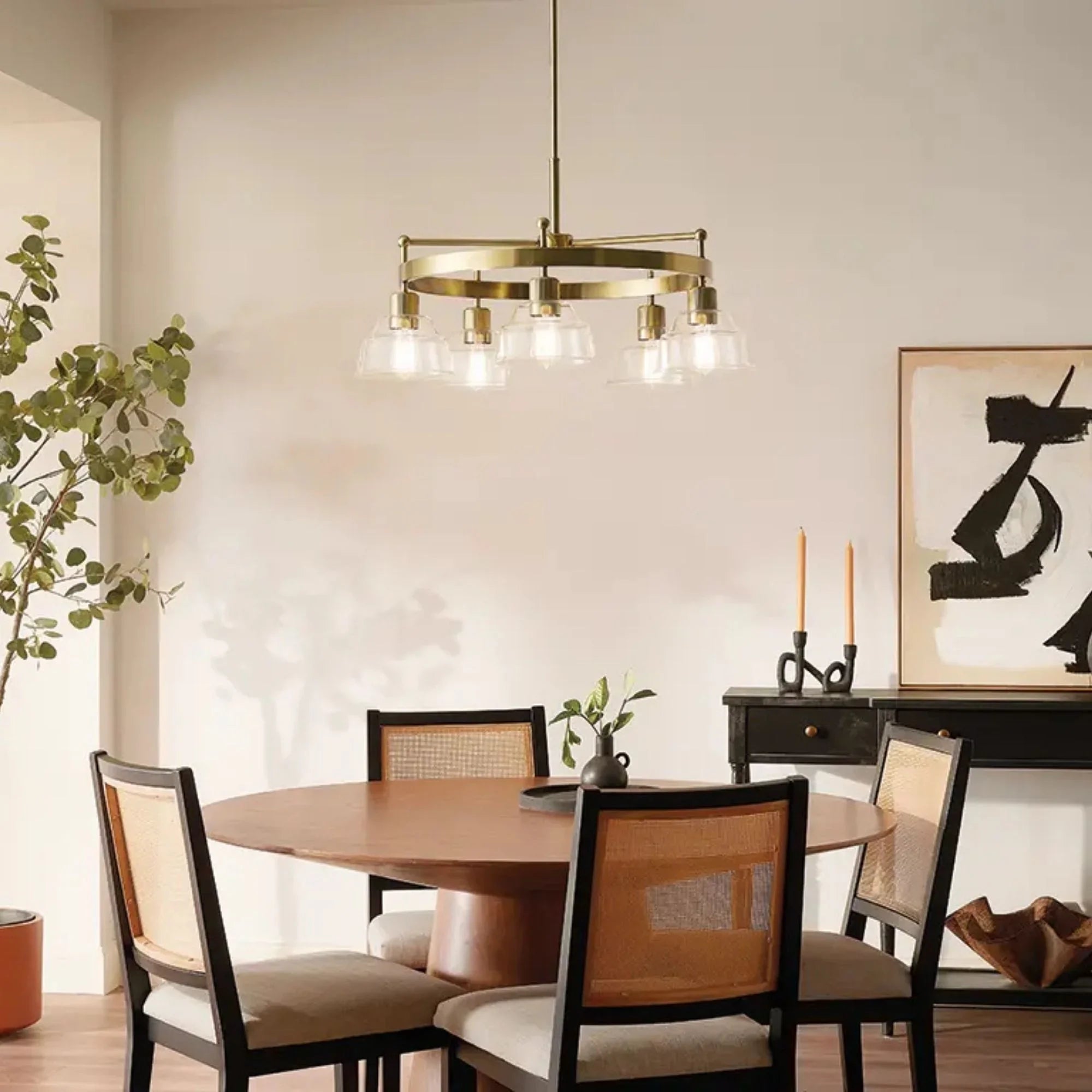 Kichler Eastmont 31.5 in. 5-Light Chandelier, Brushed Natural Brass & Walnut Wood