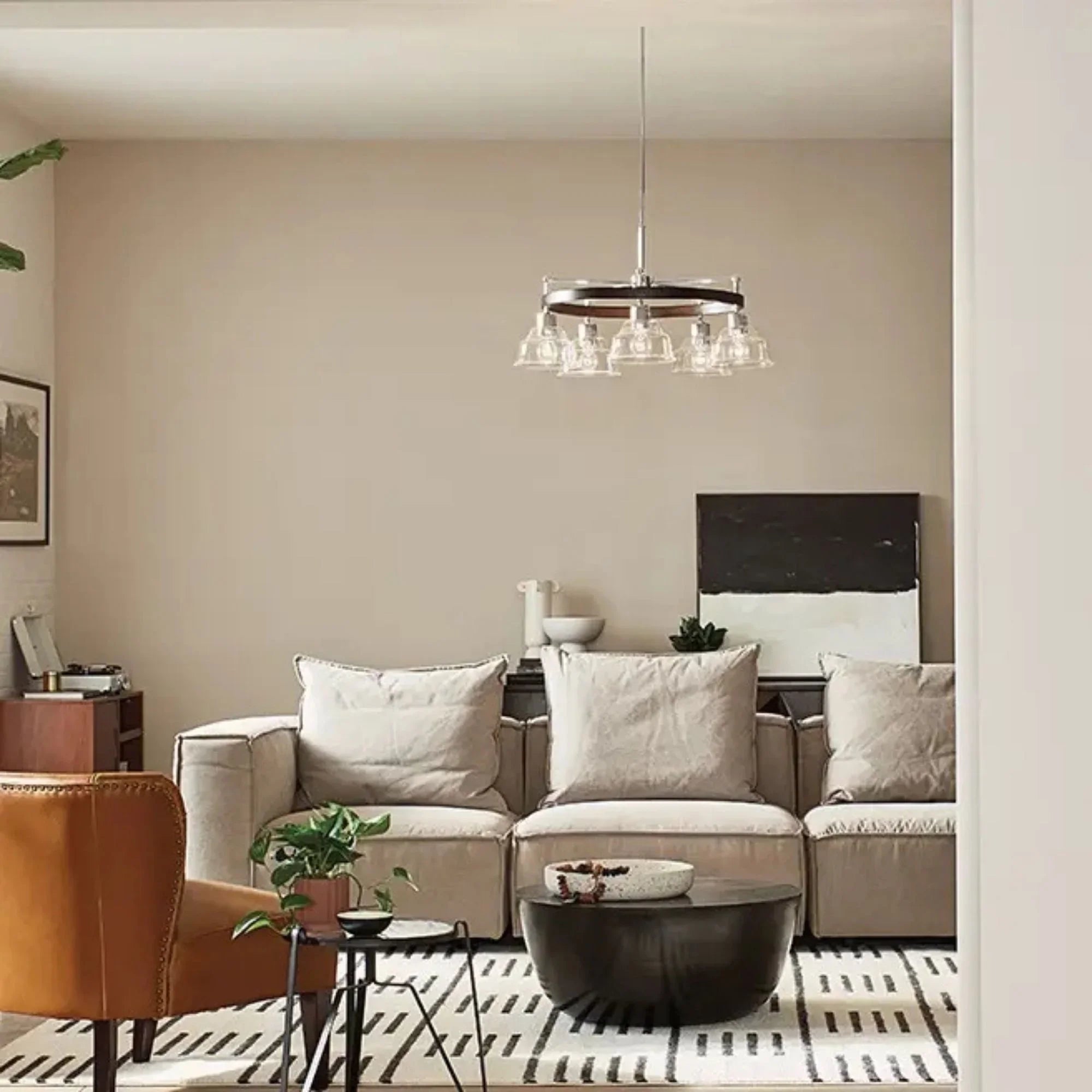 Kichler Eastmont 31.5 in. 5-Light Chandelier, Polished Nickel & Walnut Wood with Clear Glass