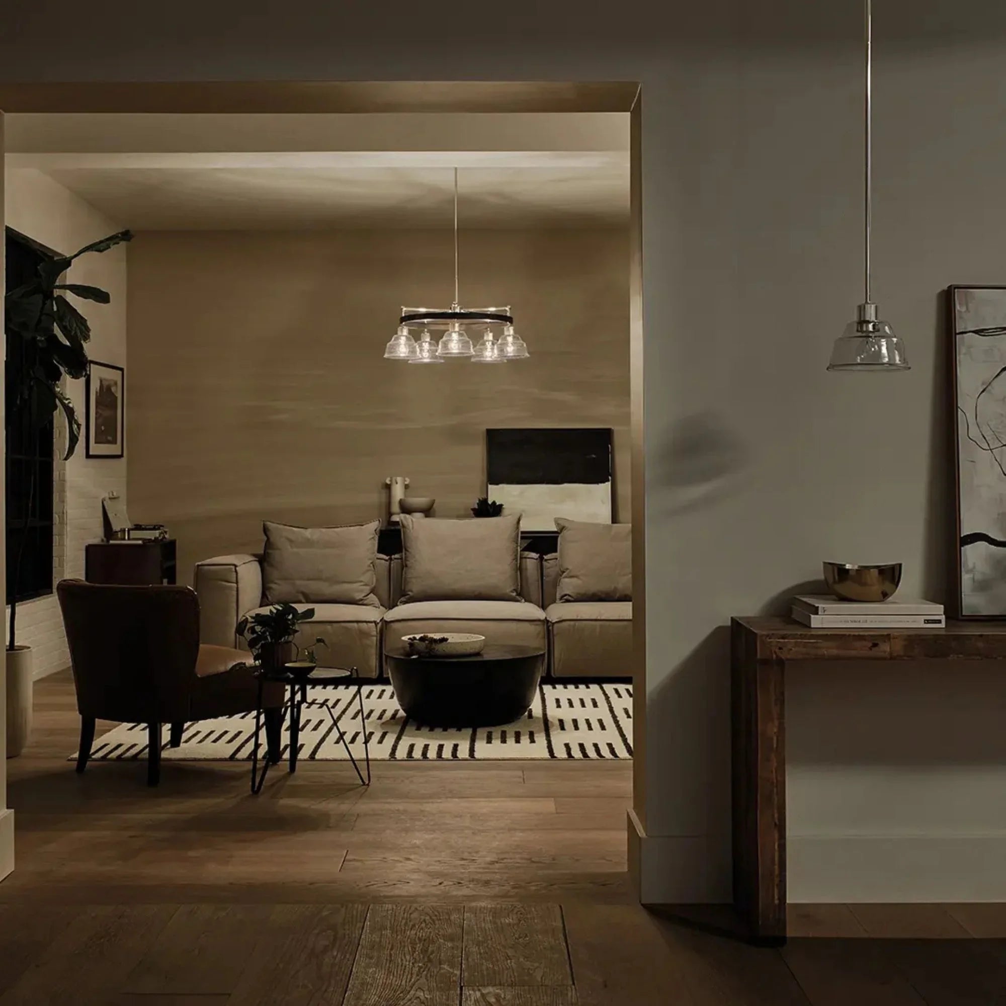 Kichler Eastmont 31.5 in. 5-Light Chandelier, Polished Nickel & Walnut Wood with Clear Glass