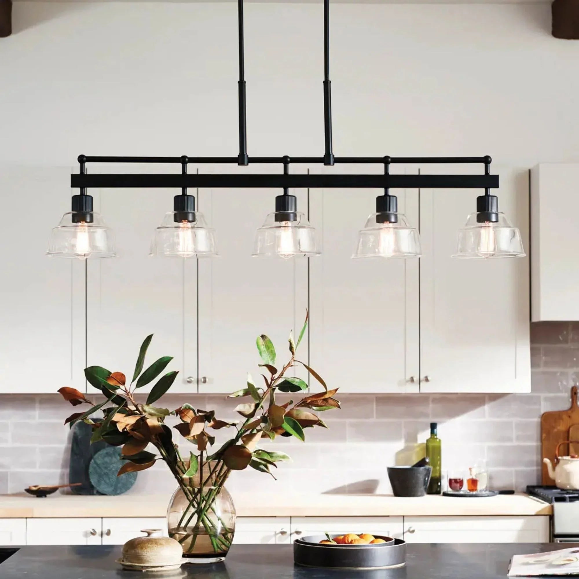 Kichler Eastmont 50 in. 5-Light Linear Chandelier, Black & Walnut Wood with Clear Glass