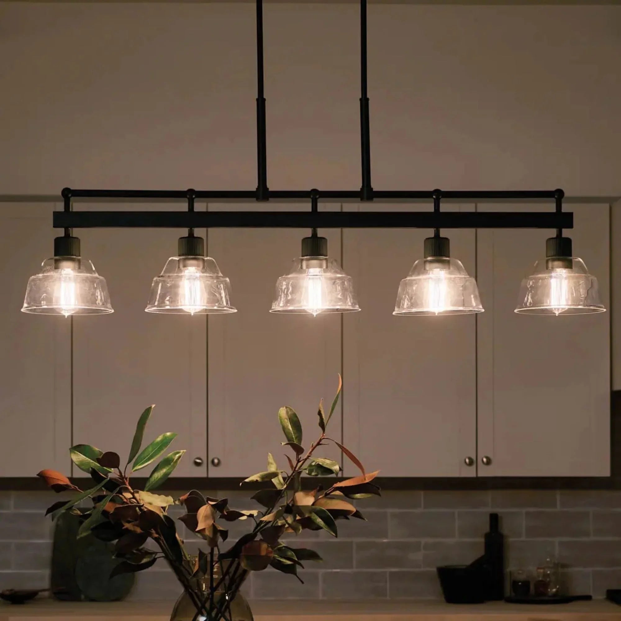 Kichler Eastmont 50 in. 5-Light Linear Chandelier, Black & Walnut Wood with Clear Glass