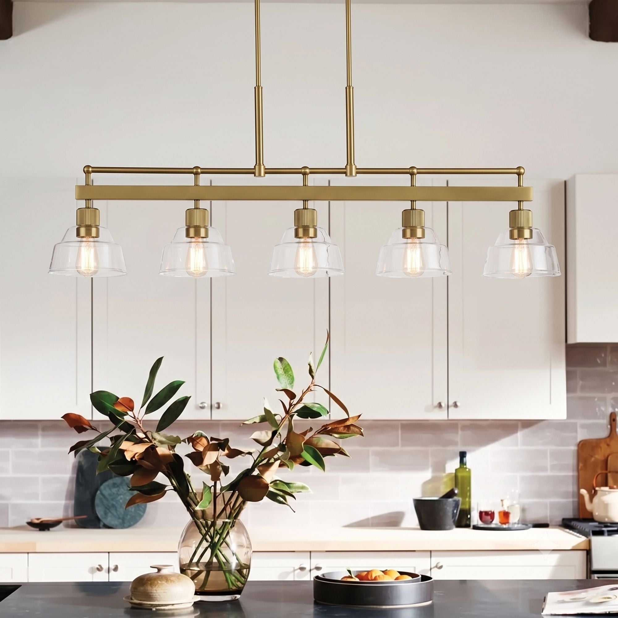 Kichler Eastmont 50 in. 5-Light Linear Chandelier, Brushed Natural Brass & Walnut Wood
