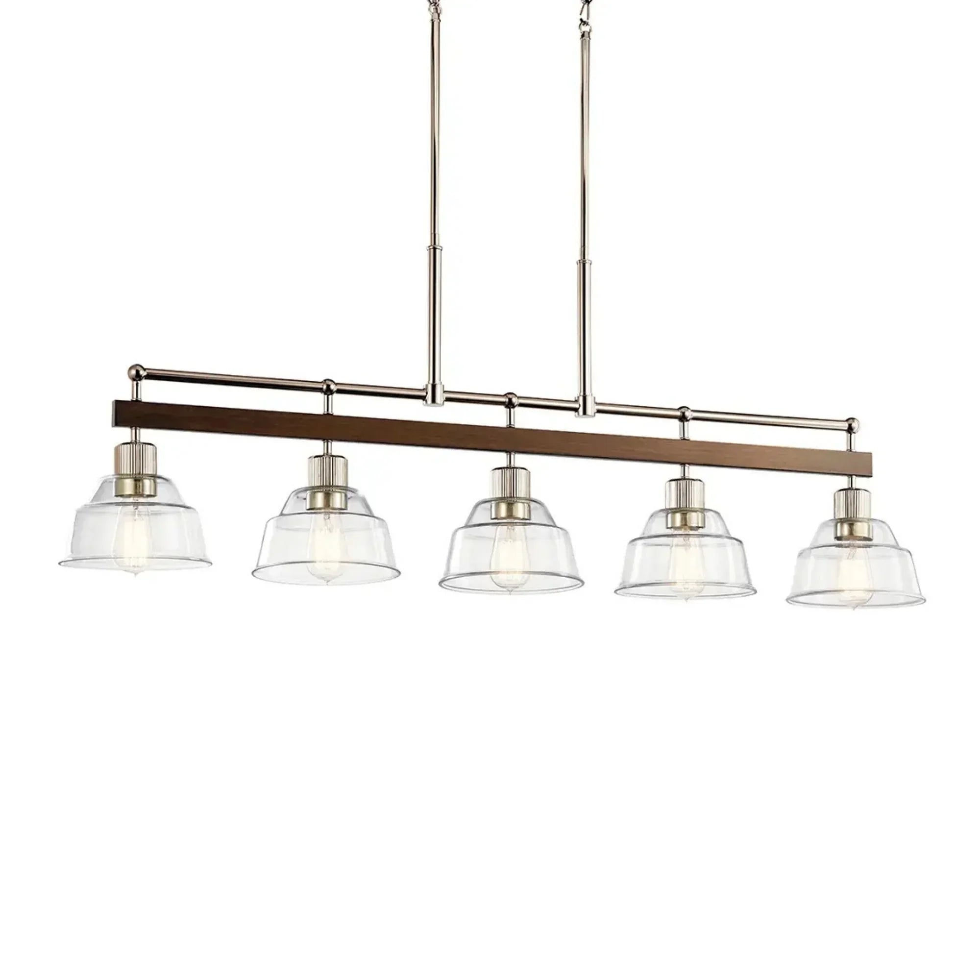 Kichler Eastmont 50 in. 5-Light Linear Chandelier, Polished Nickel & Walnut Wood with Clear Glass