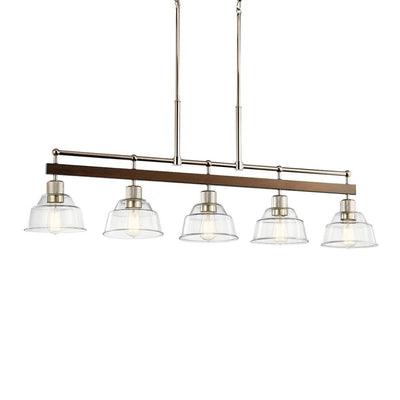 Kichler Eastmont 50 in. 5-Light Linear Chandelier, Polished Nickel & Walnut Wood with Clear Glass