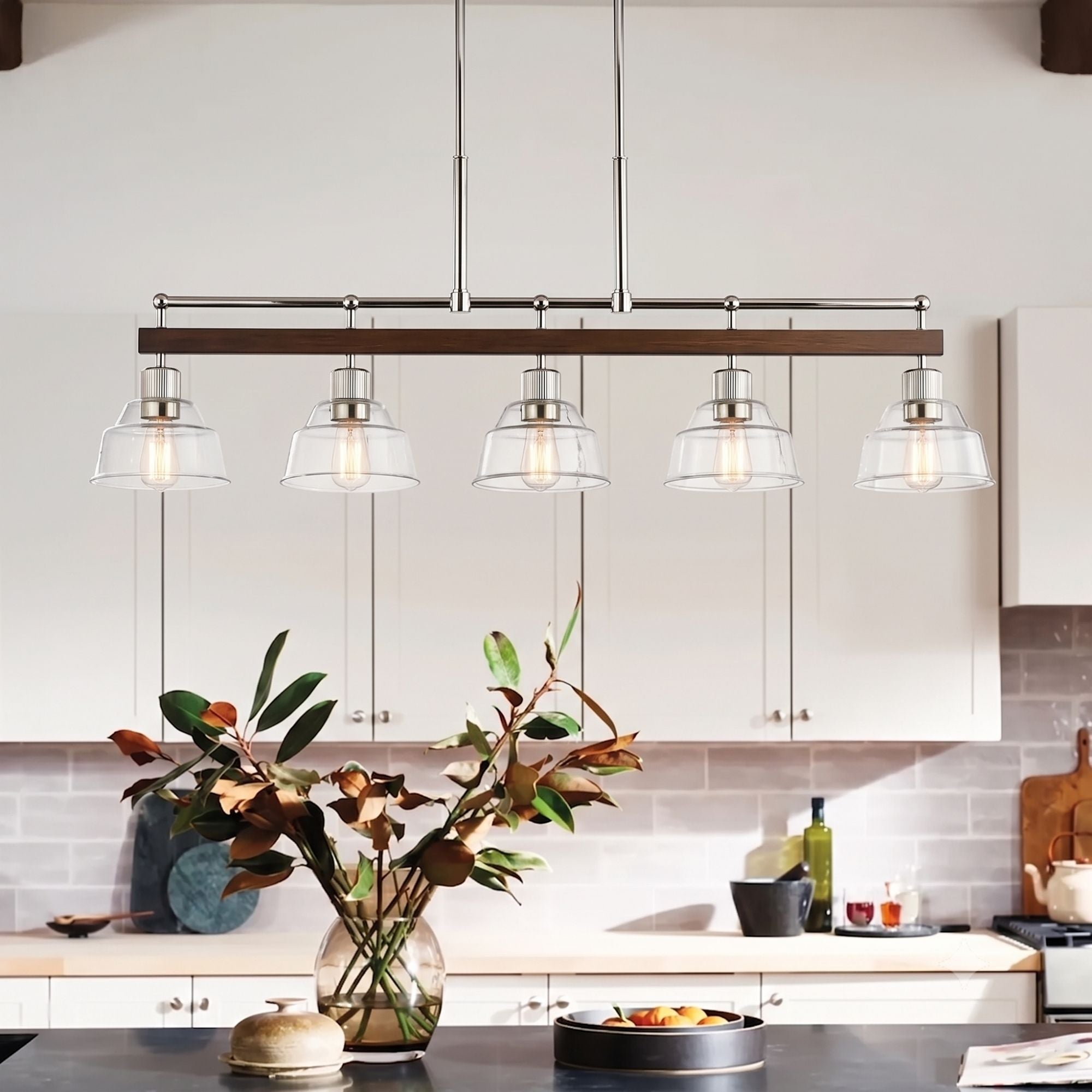 Kichler Eastmont 50 in. 5-Light Linear Chandelier, Polished Nickel & Walnut Wood with Clear Glass