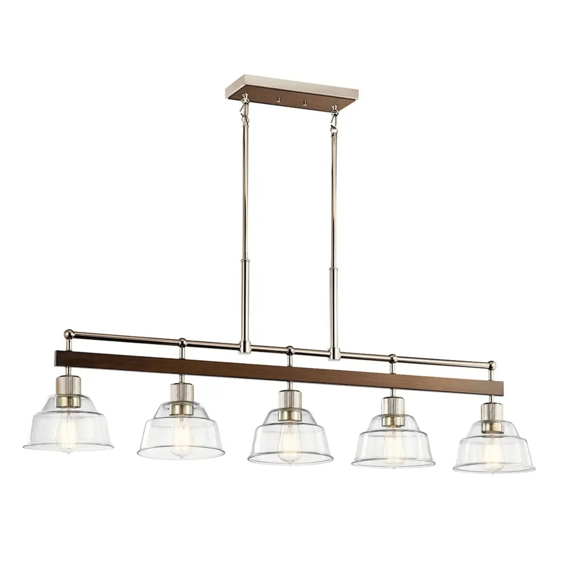Kichler Eastmont 50 in. 5-Light Linear Chandelier, Polished Nickel & Walnut Wood with Clear Glass