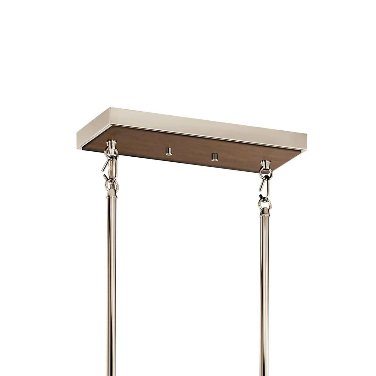 Polished nickel chandelier canopy with two hanging rods and walnut wood mounting bar
