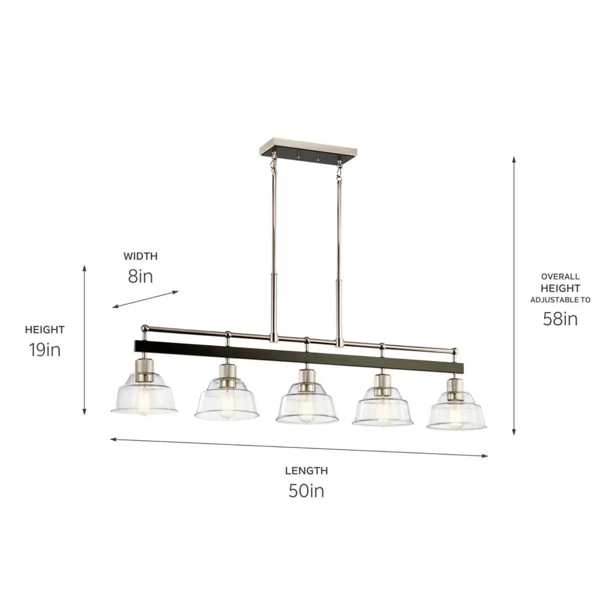 Kichler Eastmont 50 in. 5-Light Linear Chandelier, Polished Nickel & Walnut Wood with Clear Glass
