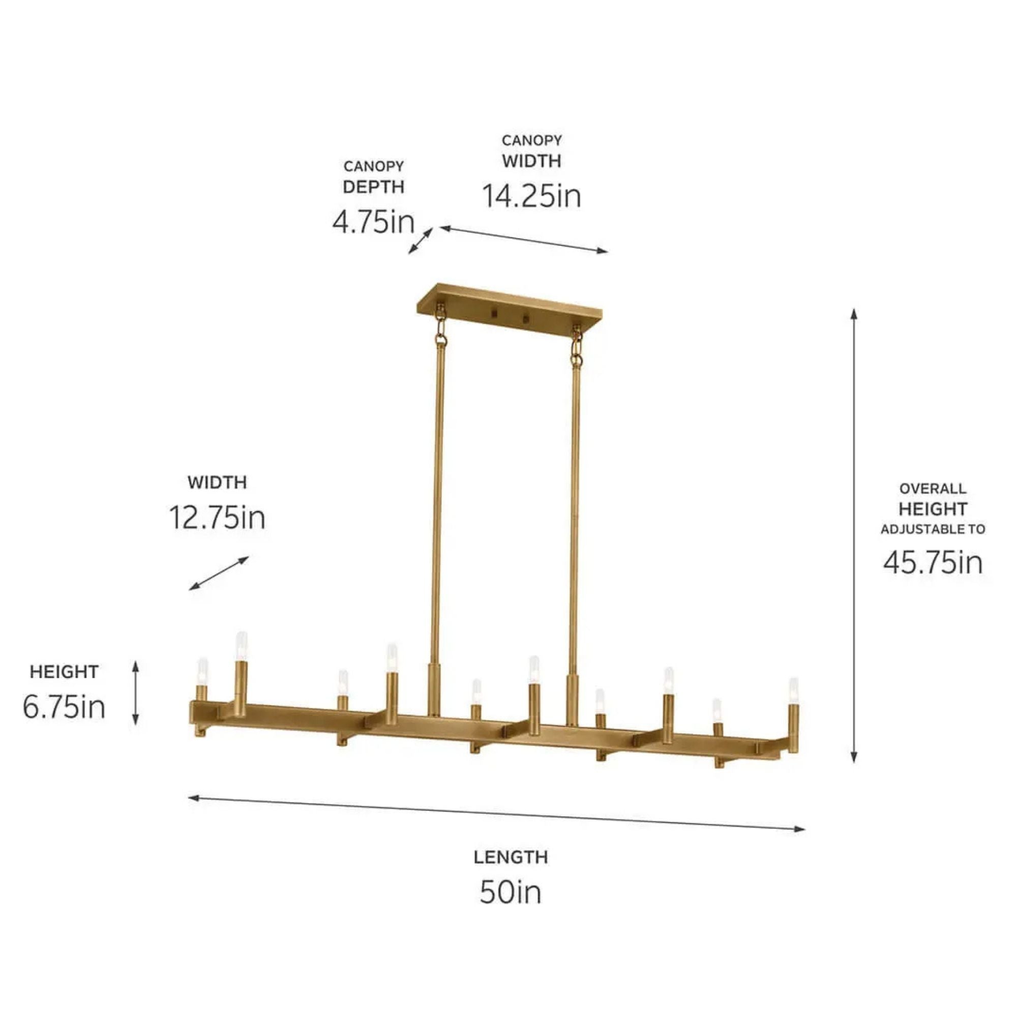 Erzo 50" 10-Light Linear Chandelier, Natural Brass Finish