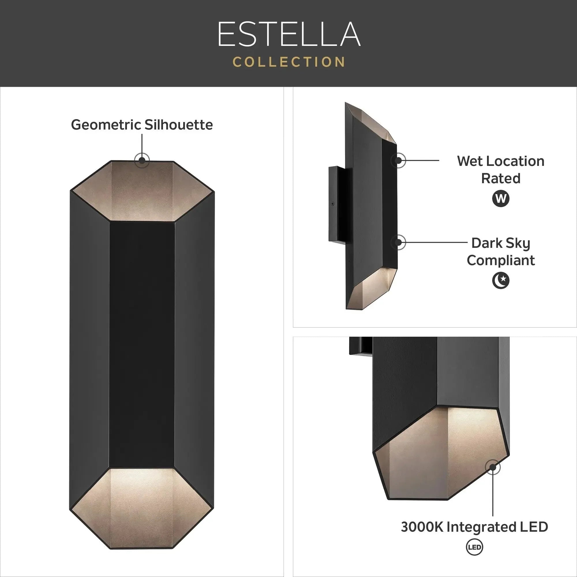 Kichler Estella 16.5 in. Outdoor Sconce, Black with Metal Hexagon Shade