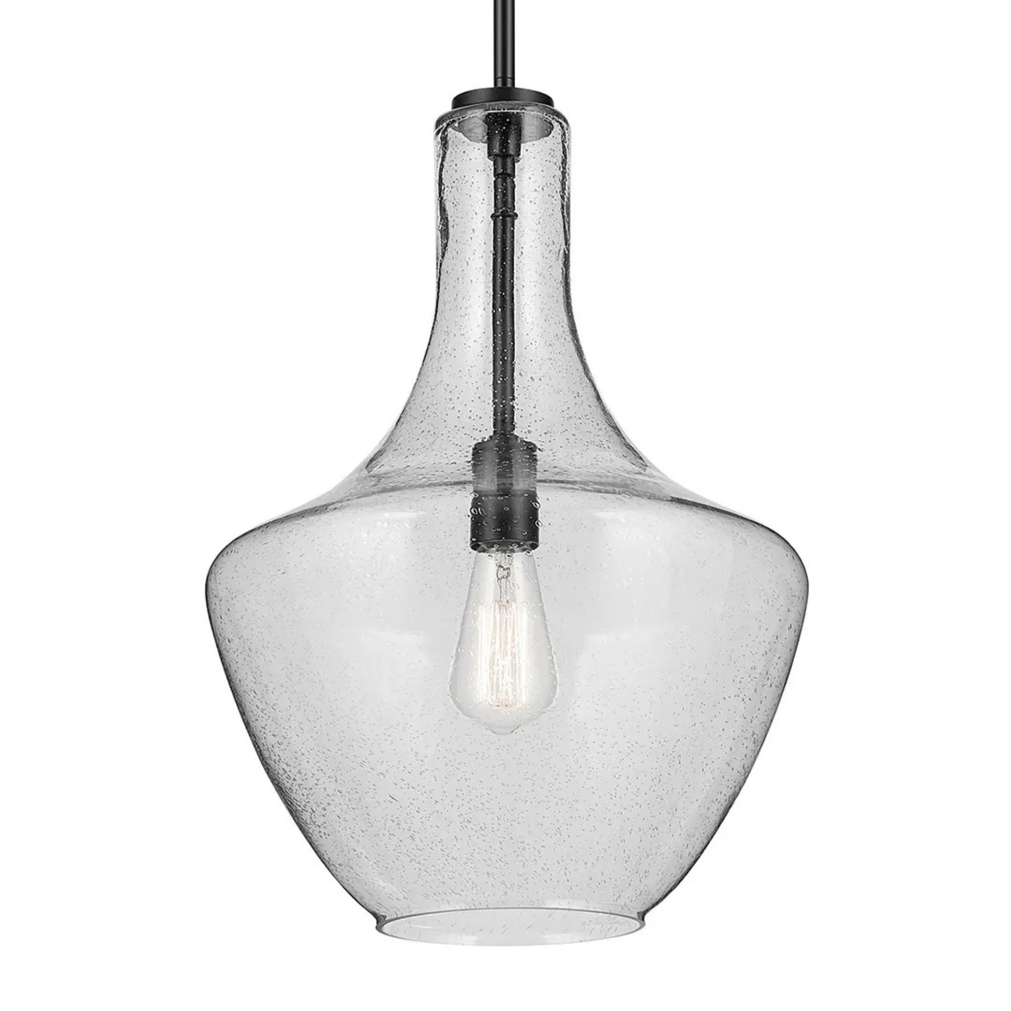 Everly 14" Bell Pendant, Black Finish, Clear Seeded Glass