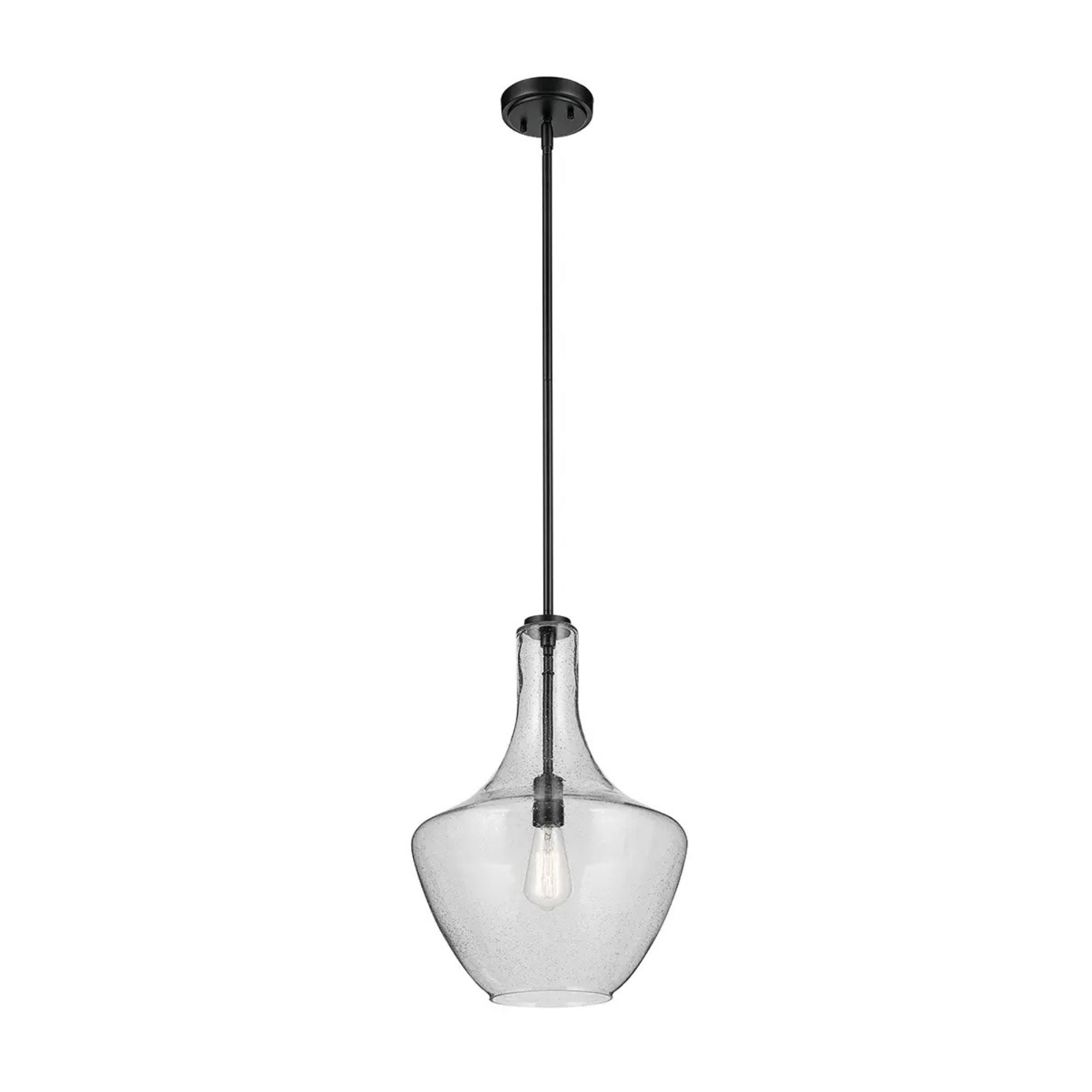Everly 14" Bell Pendant, Black Finish, Clear Seeded Glass