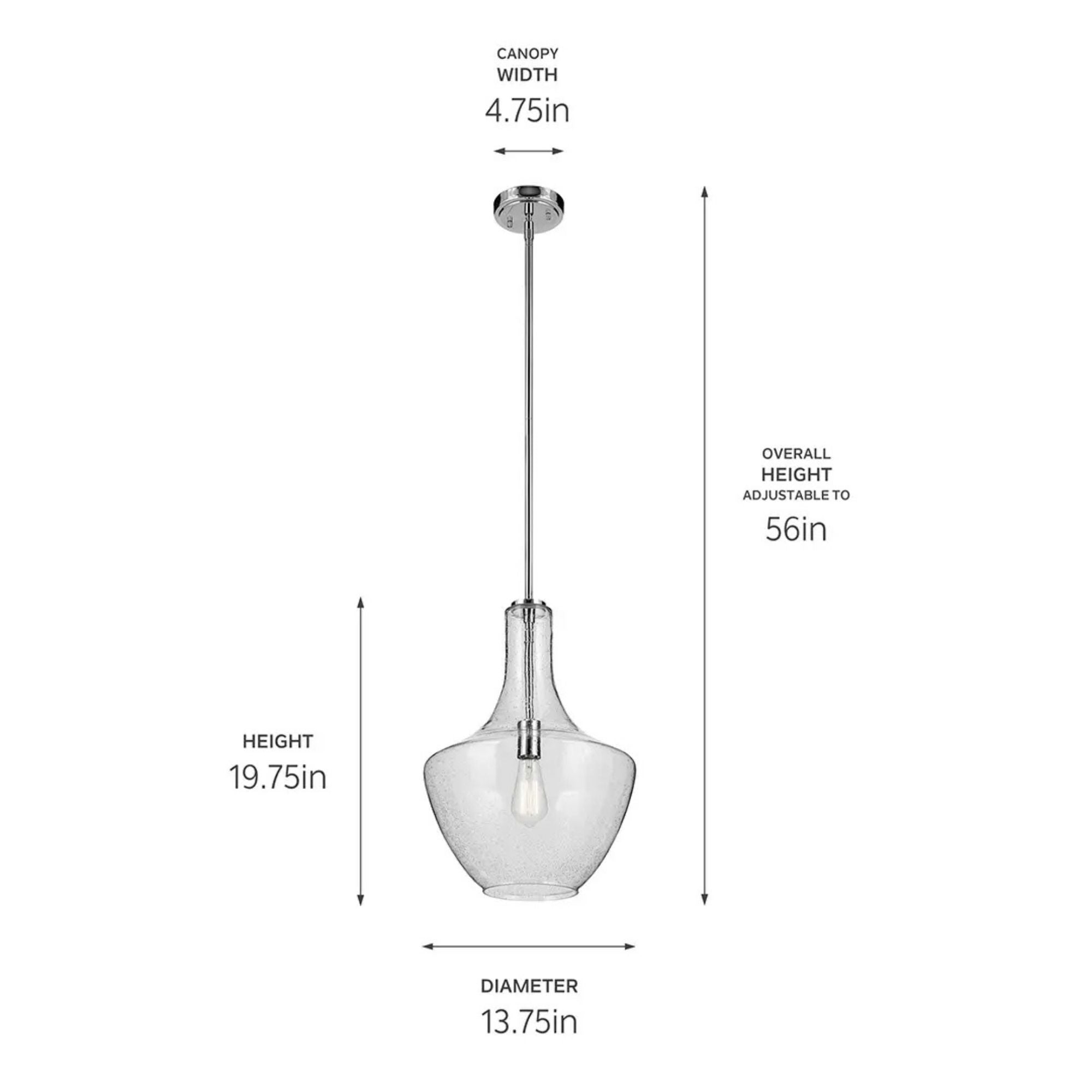 Everly 14" Bell Pendant, Chrome Finish, Clear Seeded Glass