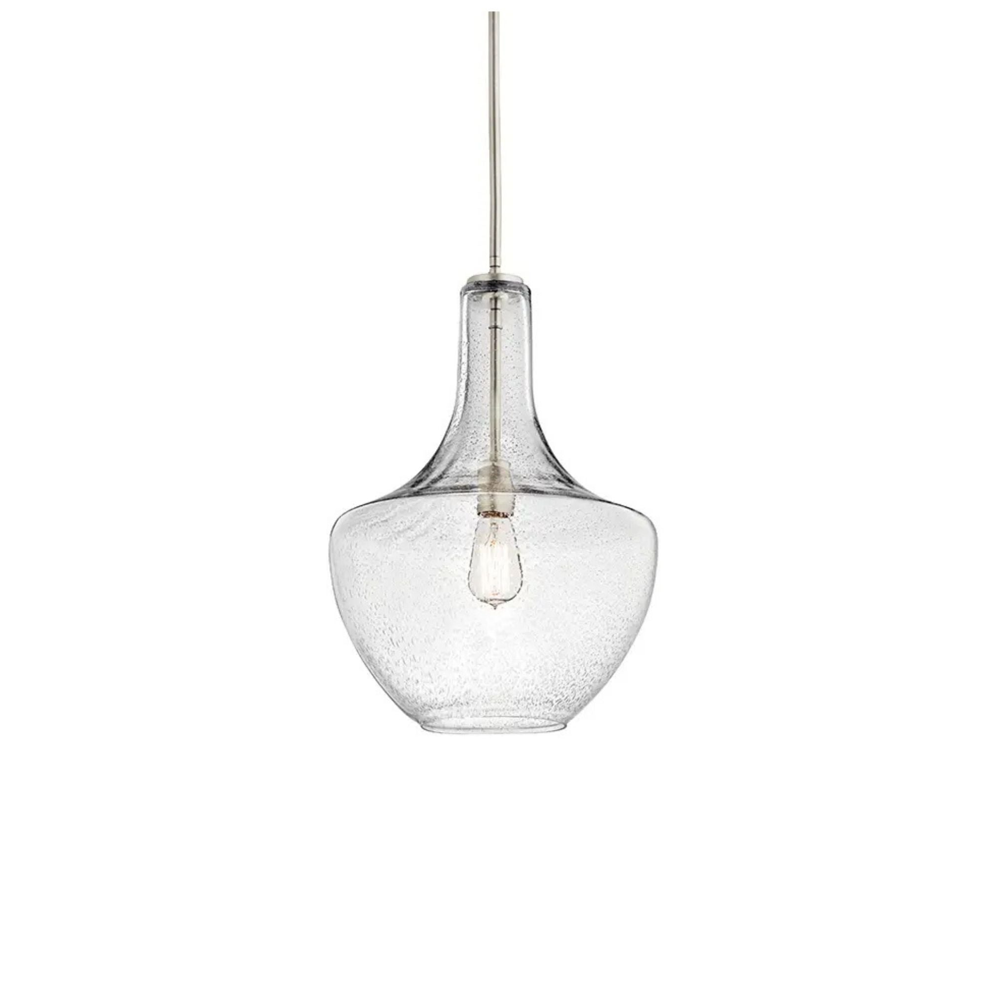 Everly 14" Bell Pendant, Brushed Nickel Finish, Clear Seeded Glass
