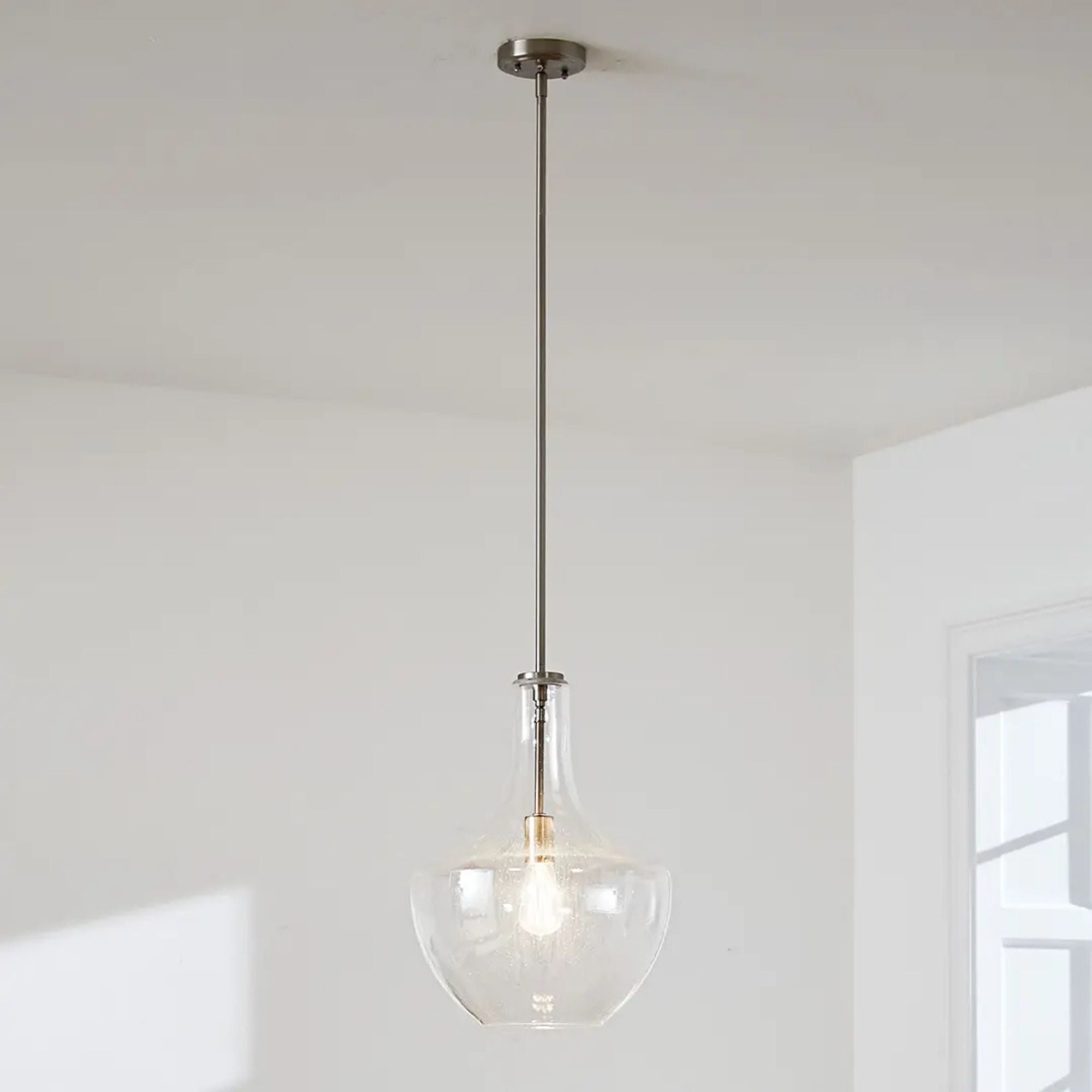 Everly 14" Bell Pendant, Brushed Nickel Finish, Clear Seeded Glass