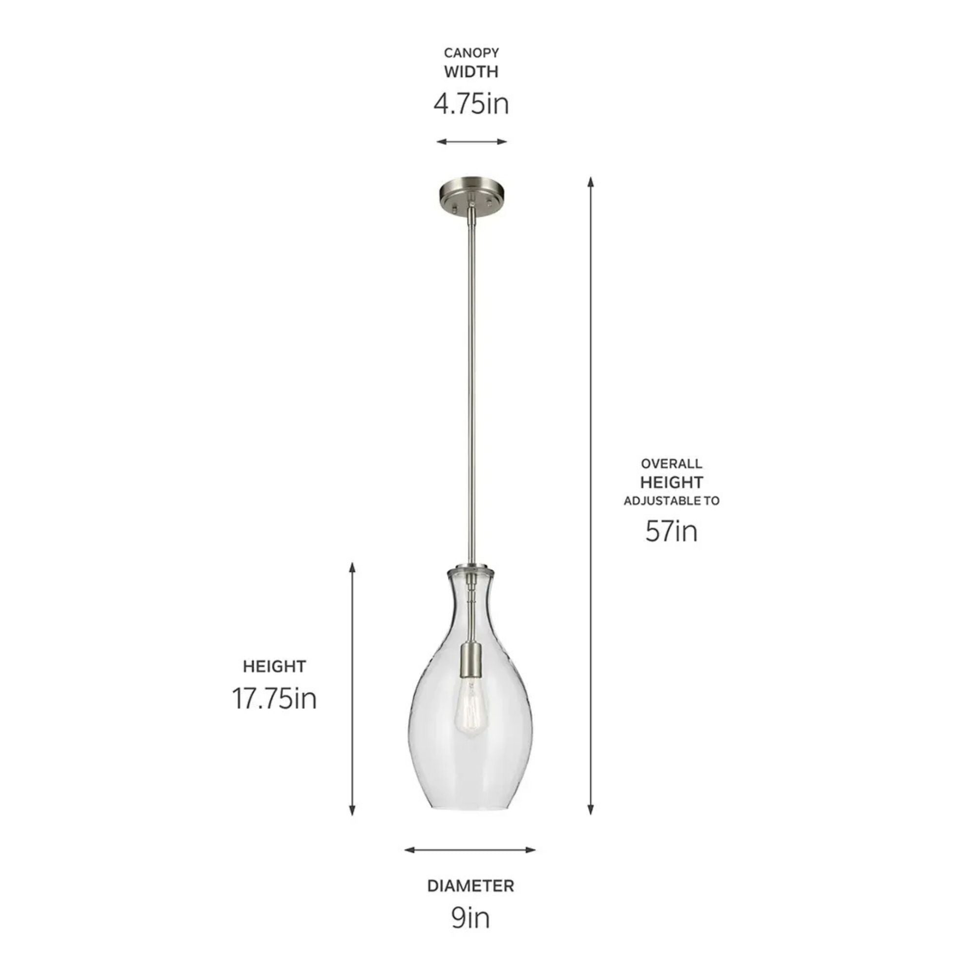 Everly 9" Pendant, Brushed Nickel Finish, Clear Glass
