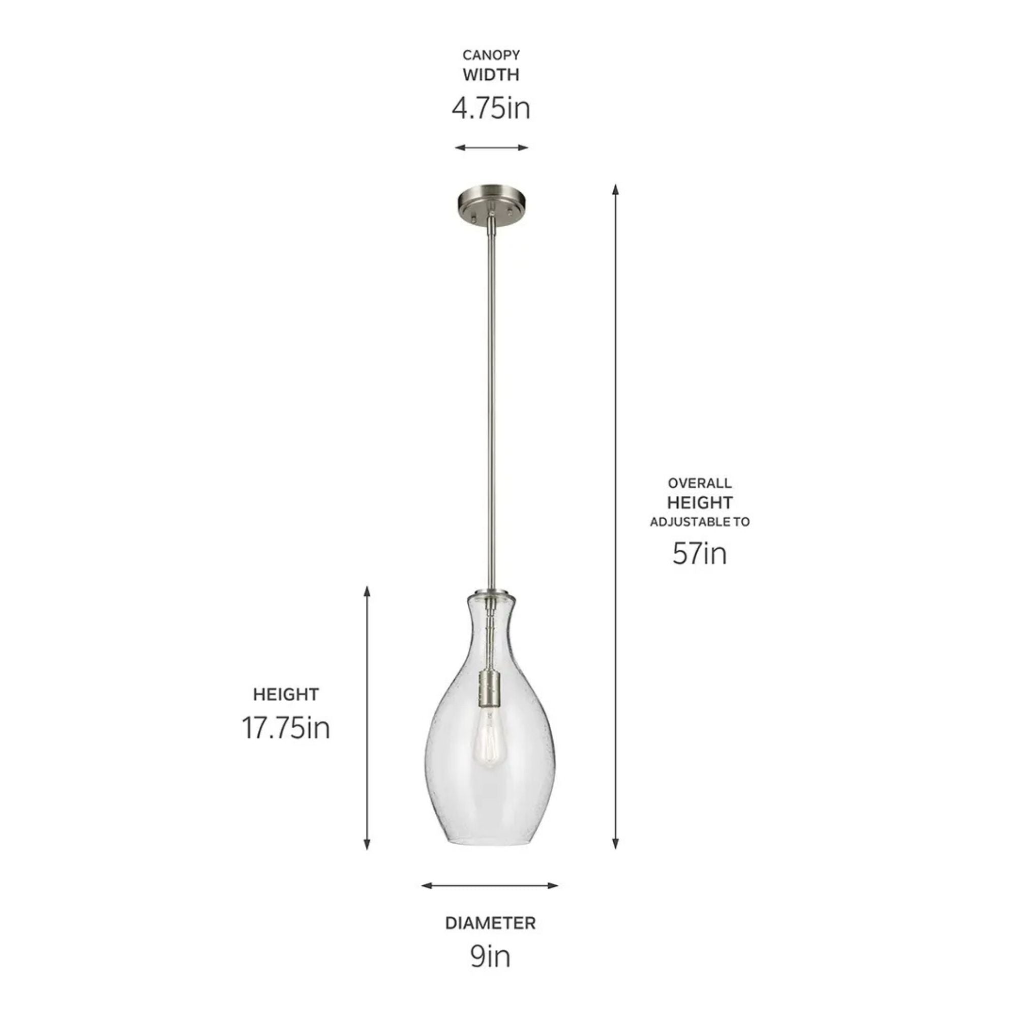Everly 9" Pendant, Brushed Nickel Finish, Clear Seeded Glass