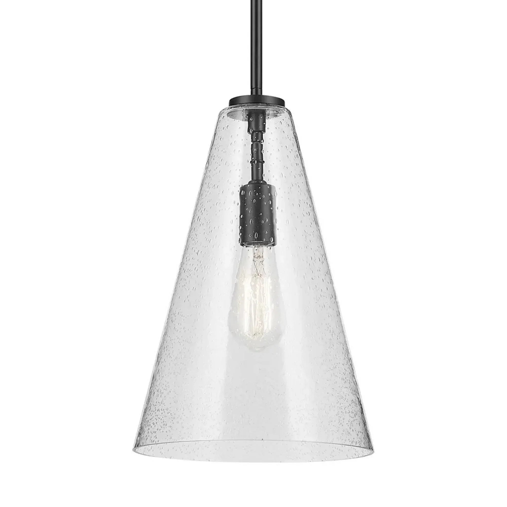 Everly 10" Cone Pendant, Black Finish, Clear Seeded Glass