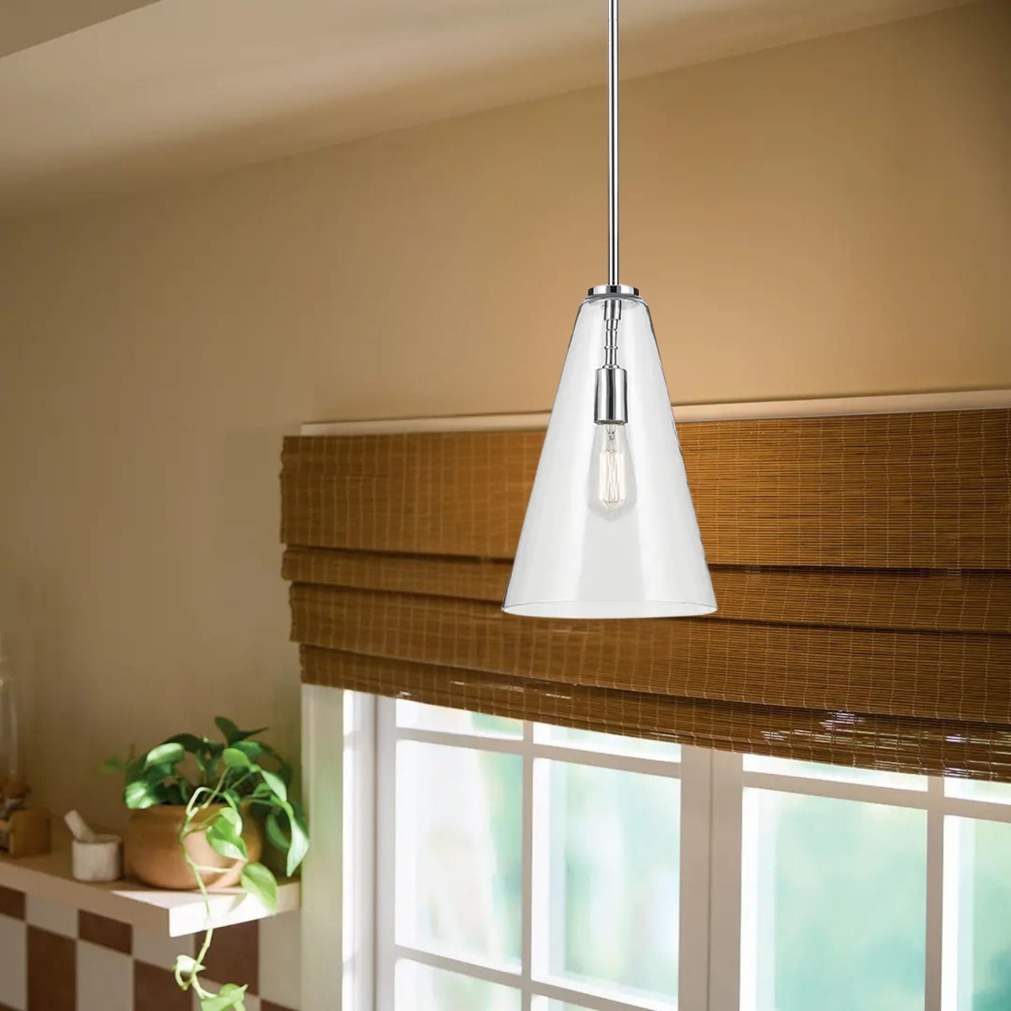 Everly 10" Cone Pendant, Chrome Finish, Clear Glass