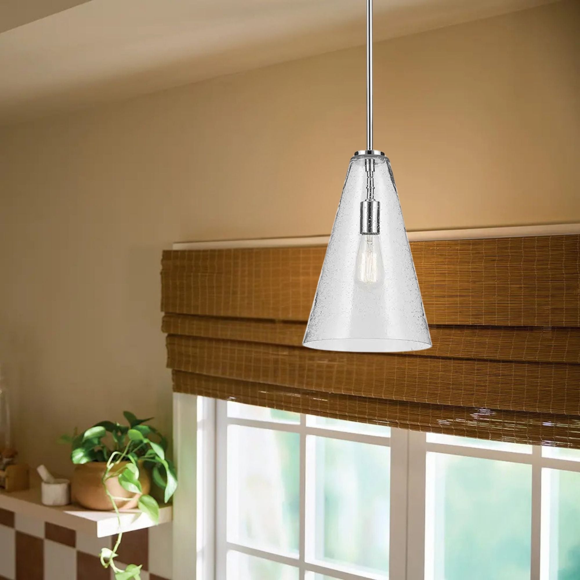 Everly 10" Cone Pendant, Chrome Finish, Clear Seeded Glass