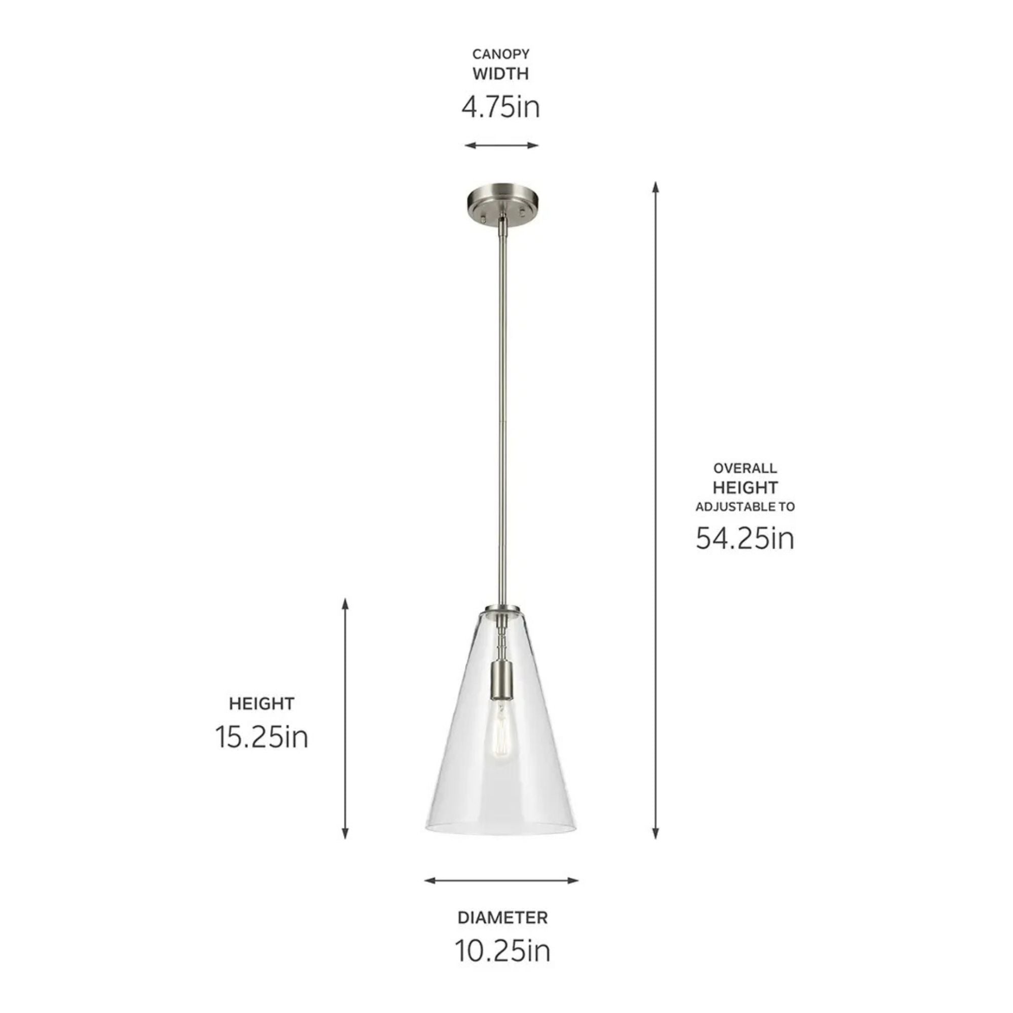 Everly 10" Cone Pendant, Brushed Nickel Finish, Clear Glass