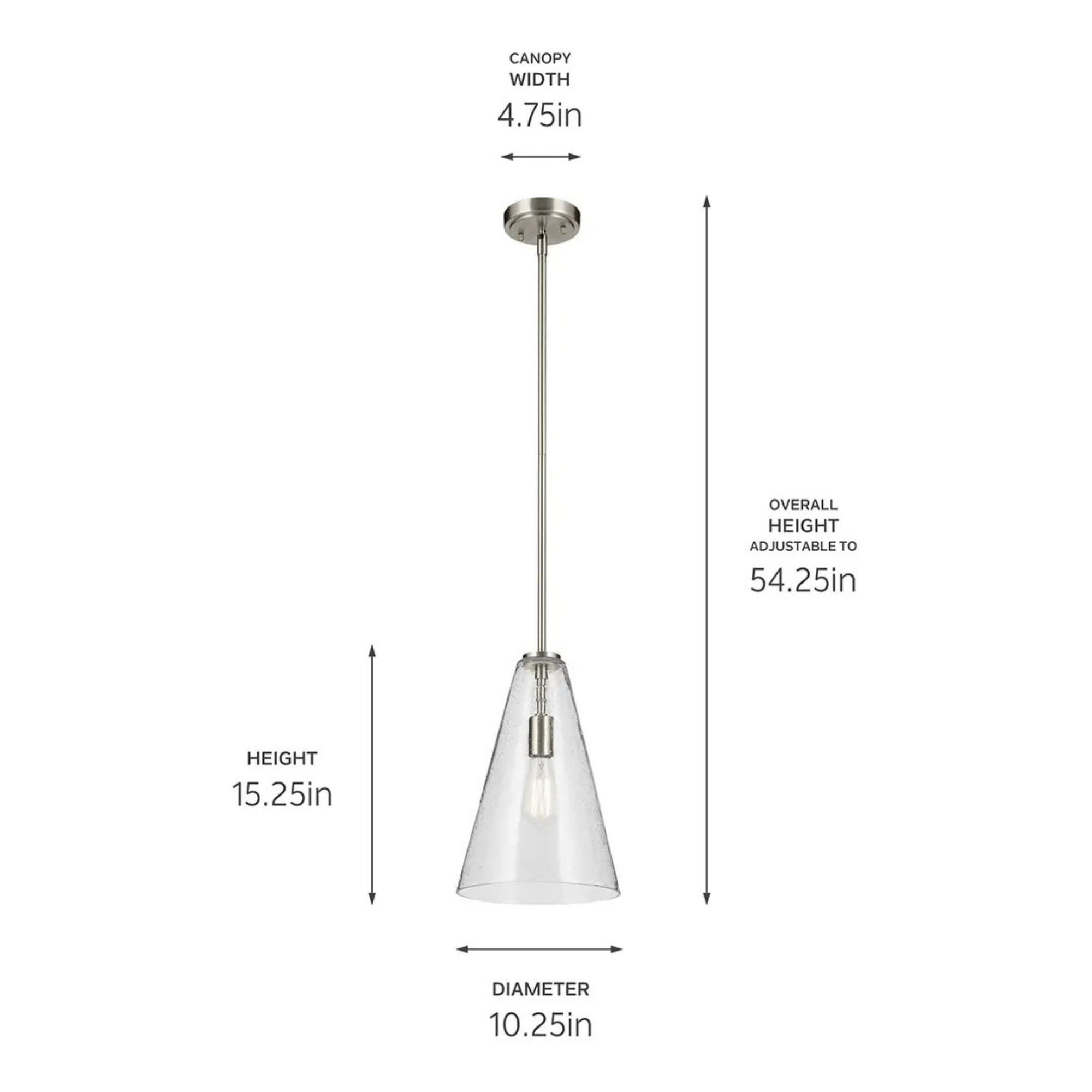 Everly 10" Cone Pendant, Brushed Nickel Finish, Clear Seeded Glass