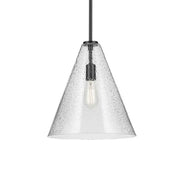 Everly 14" Cone Pendant, Black Finish, Clear Seeded Glass