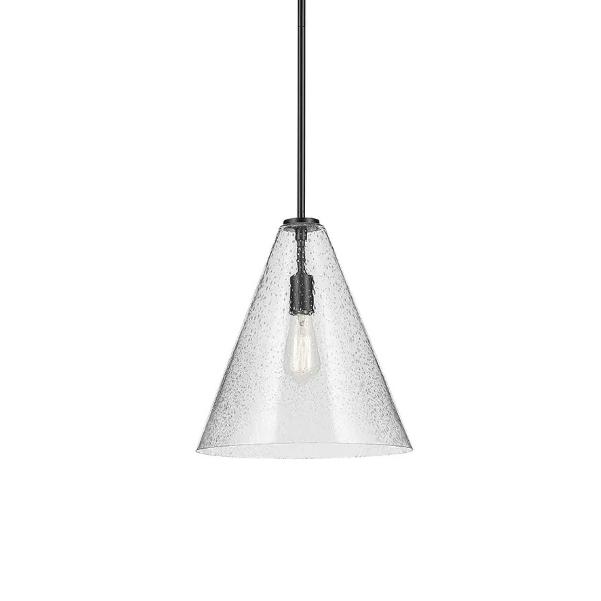 Everly 14" Cone Pendant, Black Finish, Clear Seeded Glass