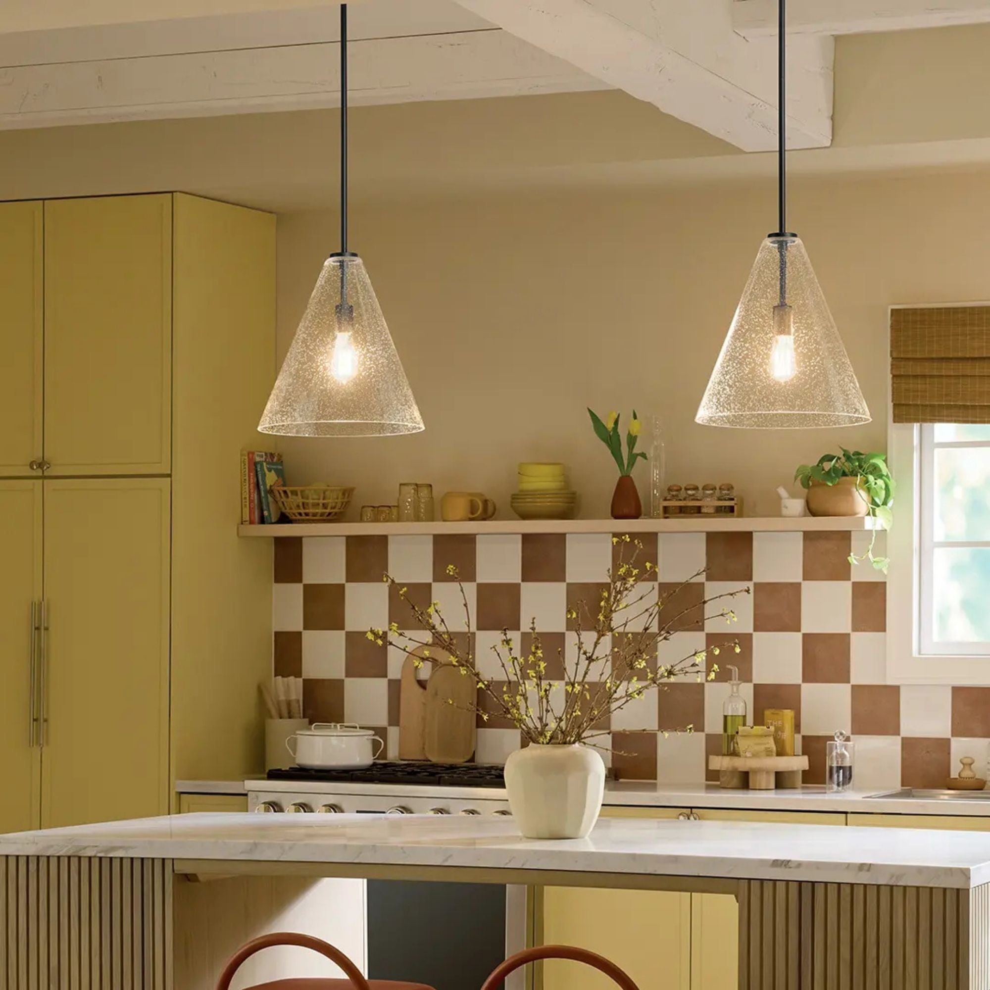 Everly 14" Cone Pendant, Black Finish, Clear Seeded Glass