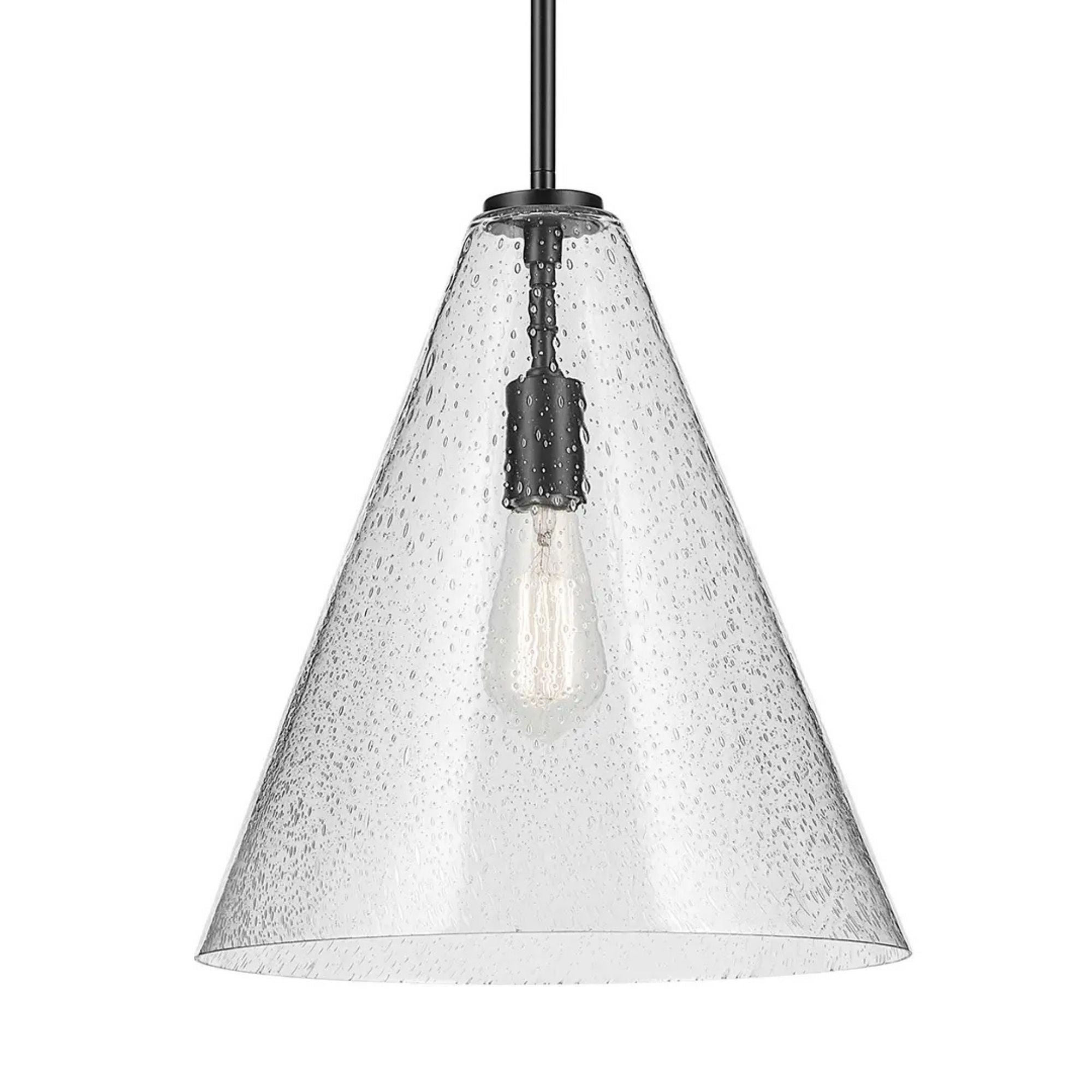 Everly 14" Cone Pendant, Black Finish, Clear Seeded Glass