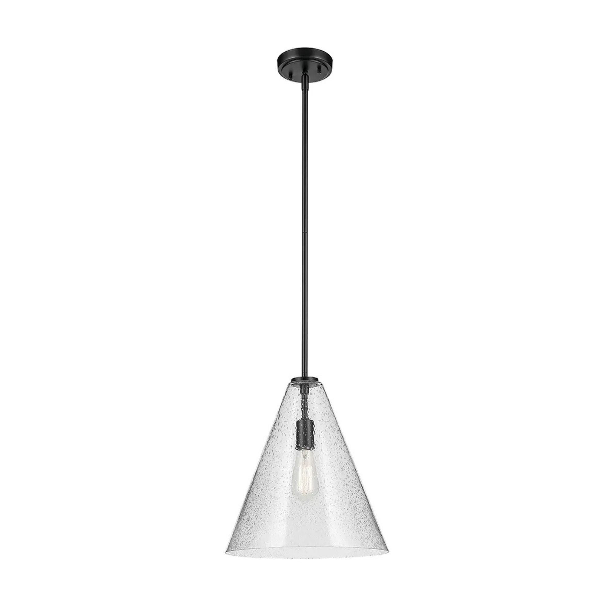 Everly 14" Cone Pendant, Black Finish, Clear Seeded Glass