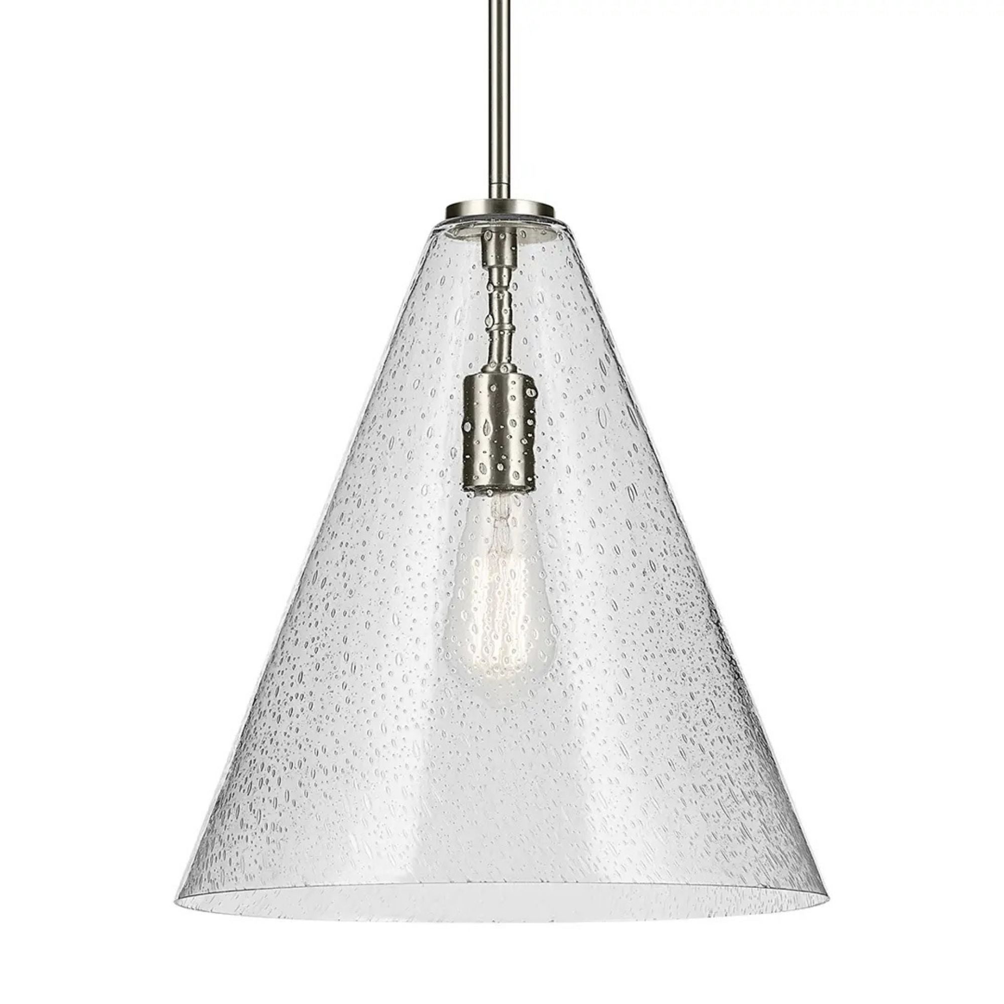 Everly 14" Cone Pendant, Brushed Nickel Finish, Clear Seeded Glass