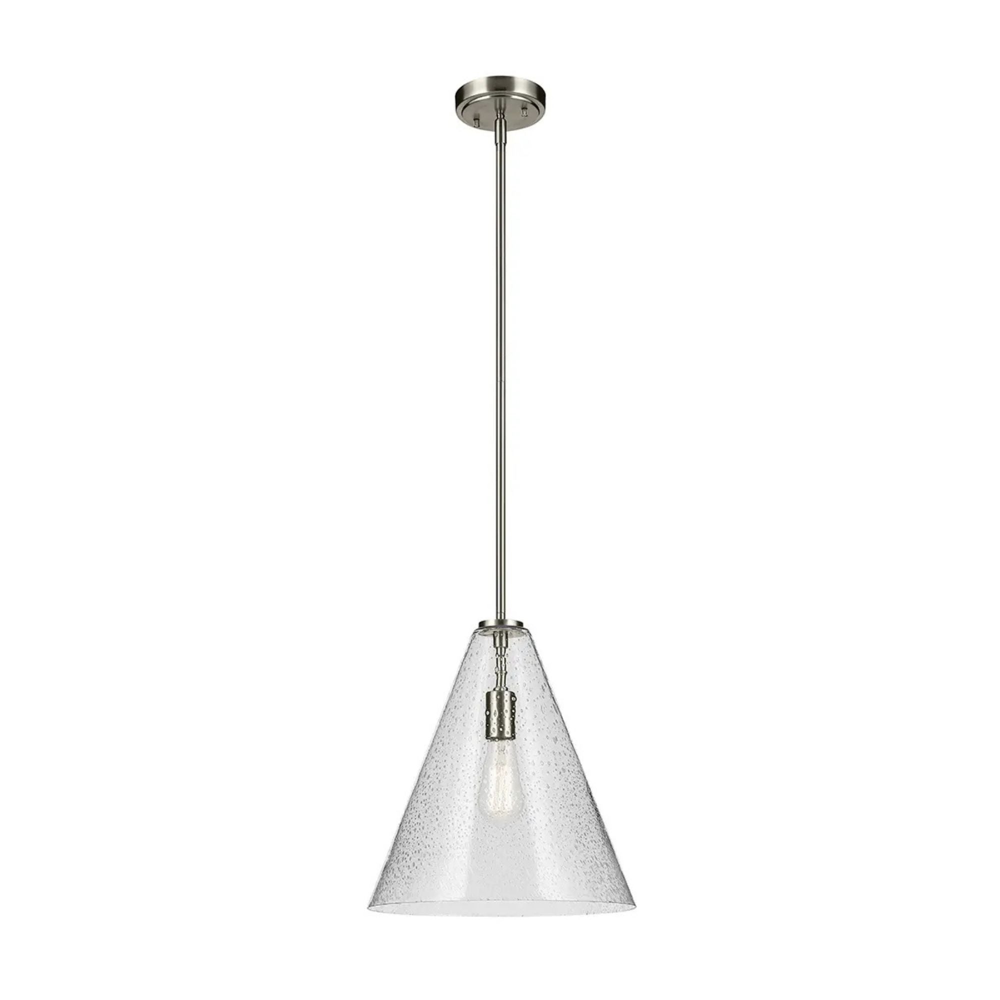 Everly 14" Cone Pendant, Brushed Nickel Finish, Clear Seeded Glass