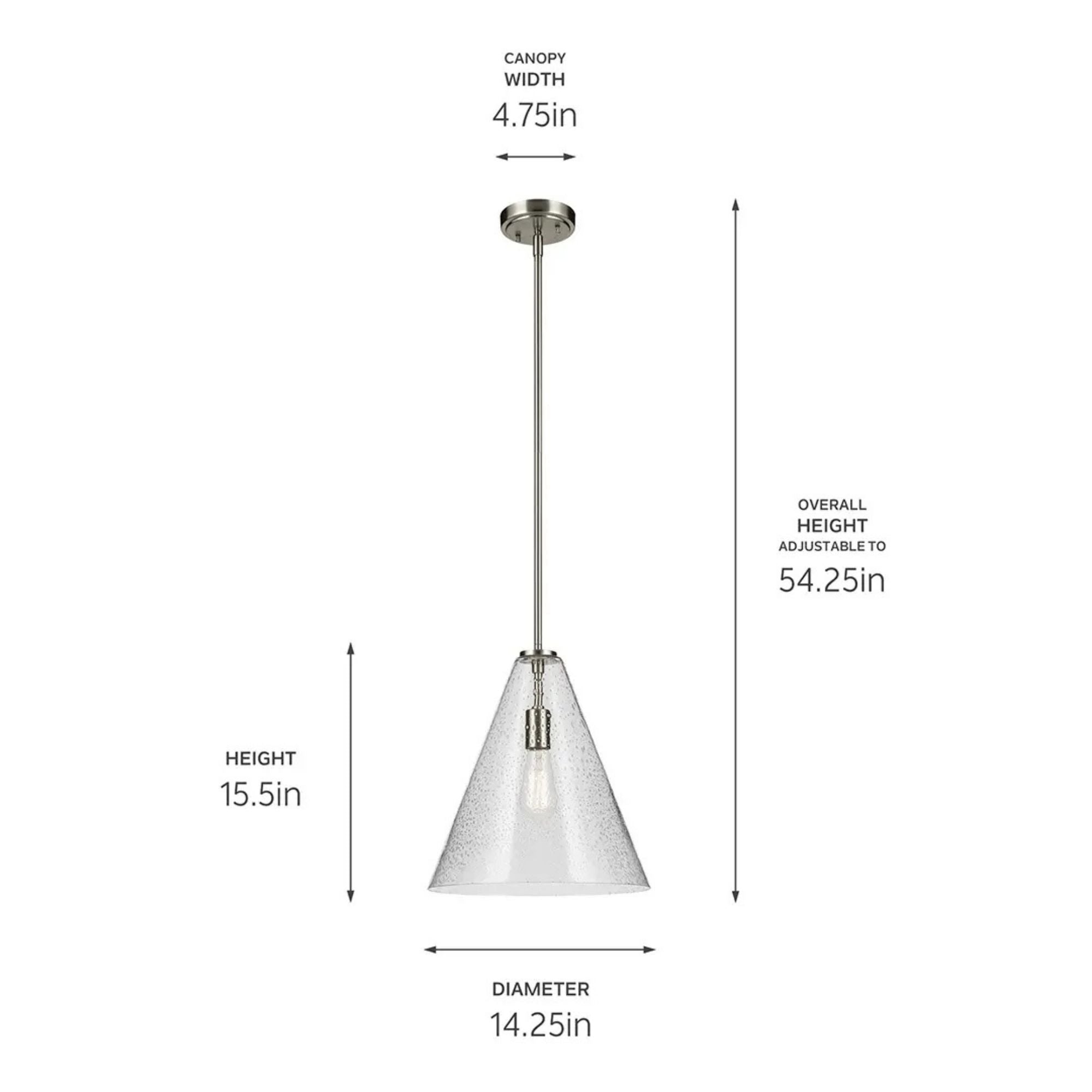 Everly 14" Cone Pendant, Brushed Nickel Finish, Clear Seeded Glass